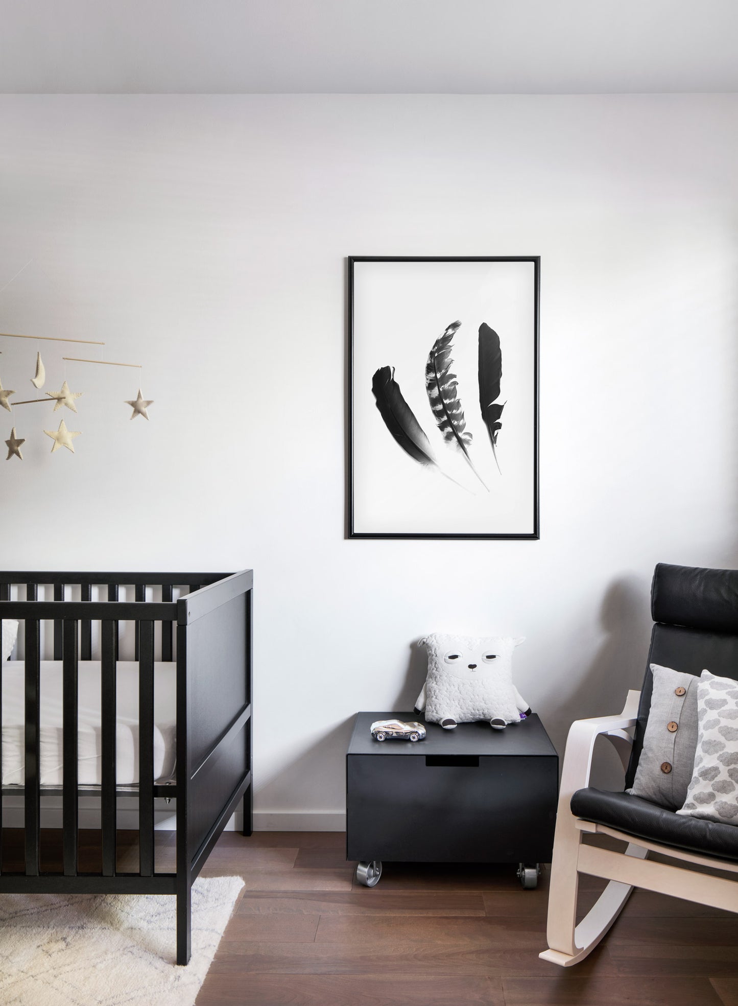 Minimalist black and white photography poster by Opposite Wall featuring a Chic Trio of feathers - Children's room