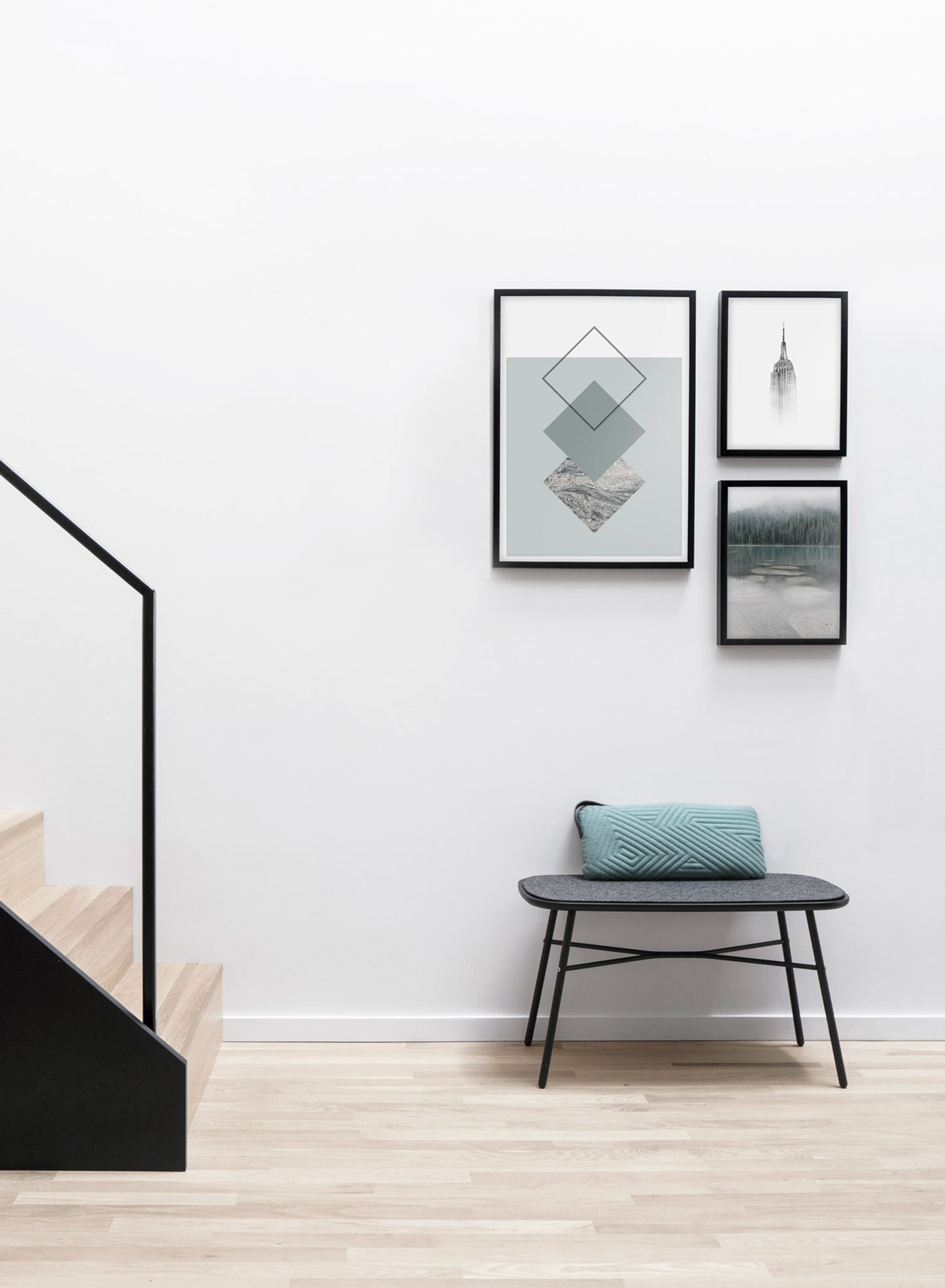 Scandinavian art print by Opposite Wall with trendy landscape art photo - Mist - Living room with a design staircase