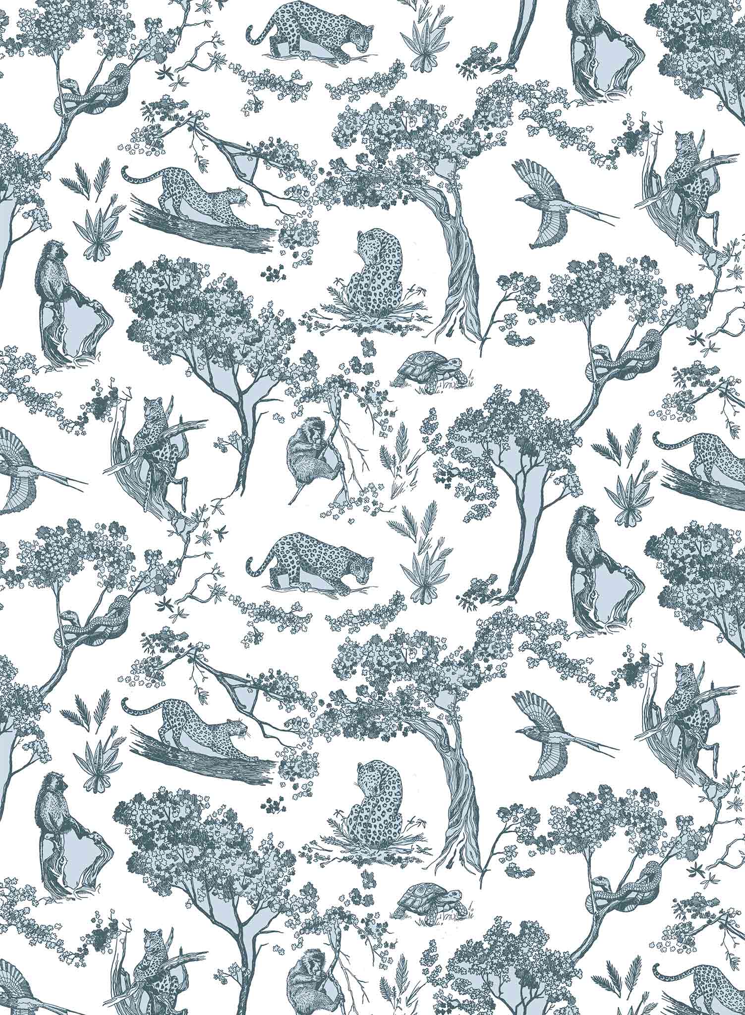 Underwood is a minimalist wallpaper by Opposite Wall of various animals and greenery found in the jungle.