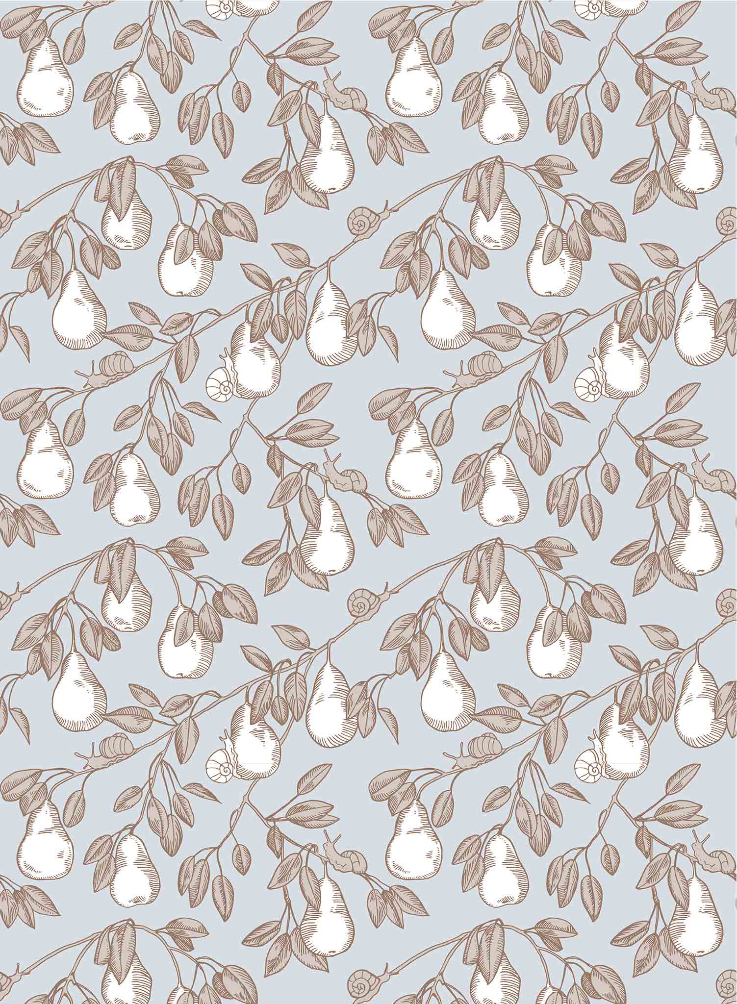 Pear Picking is a minimalist wallpaper by Opposite Wall of a series of pears hanging from its tree.