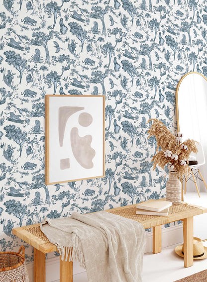 Underwood is a minimalist wallpaper by Opposite Wall of various animals and greenery found in the jungle.
