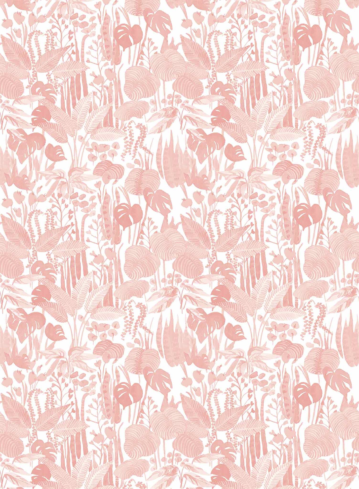 Tropicalia is a minimalist wallpaper by Opposite Wall of a variety of tropical plant leaves.