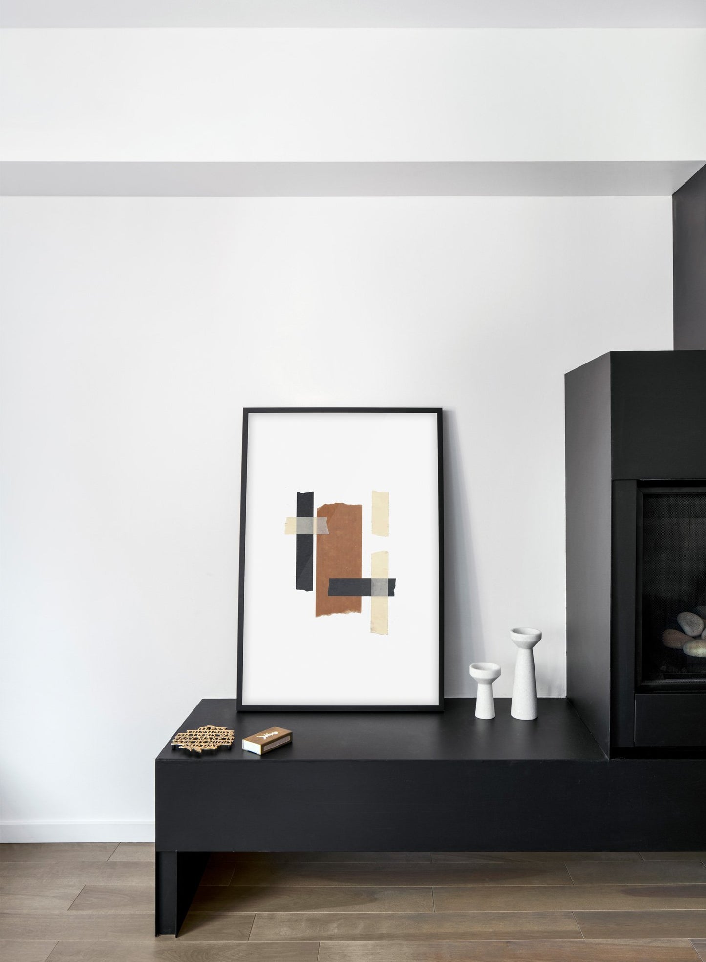 Scandinavian poster by Opposite Wall with hand-made art design abstract Collage No.1 - Cozy living room with black fireplace
