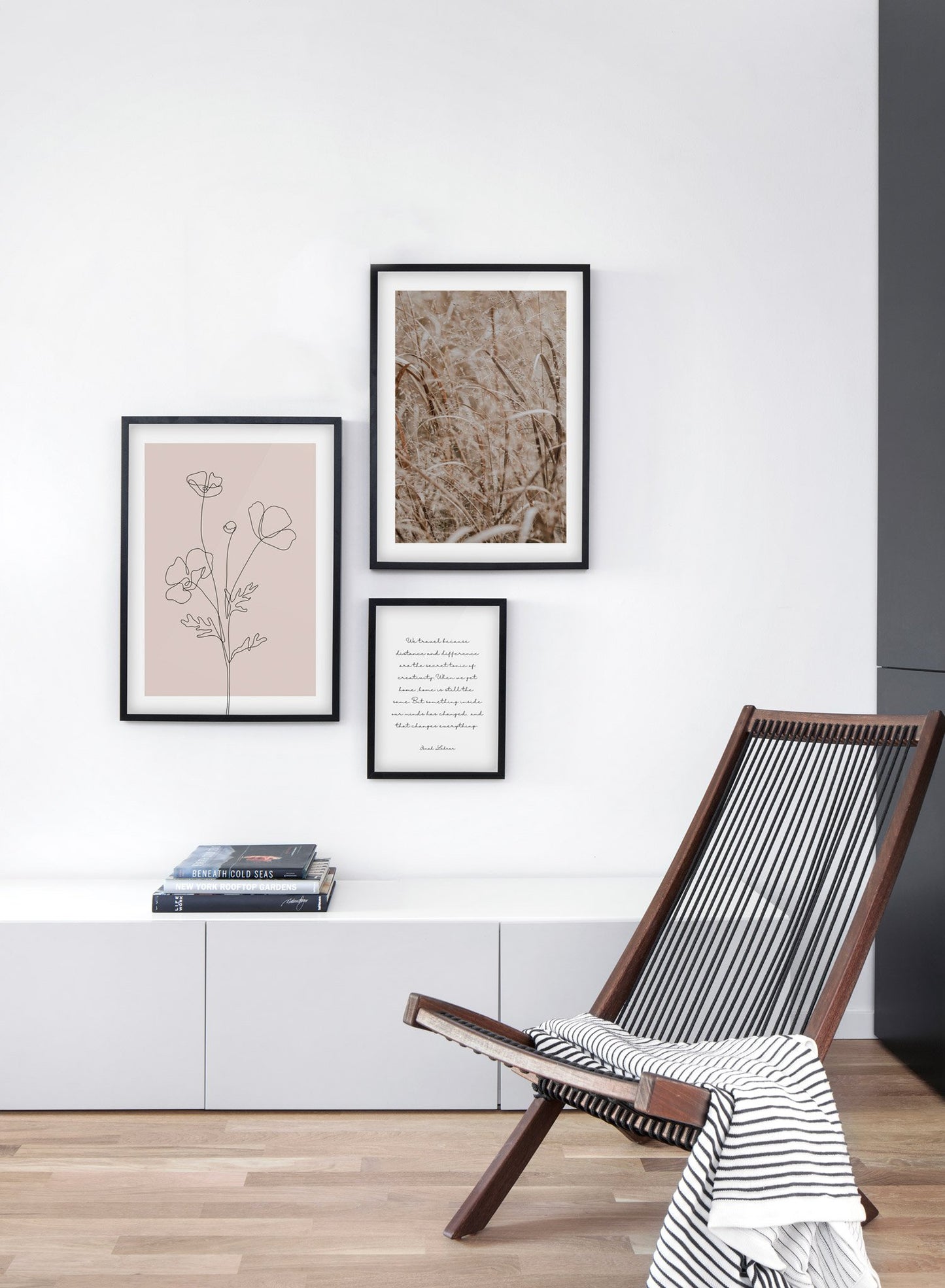 Prairie Grasses modern minimalist photography poster by Opposite Wall - Living room with gallery wall trio