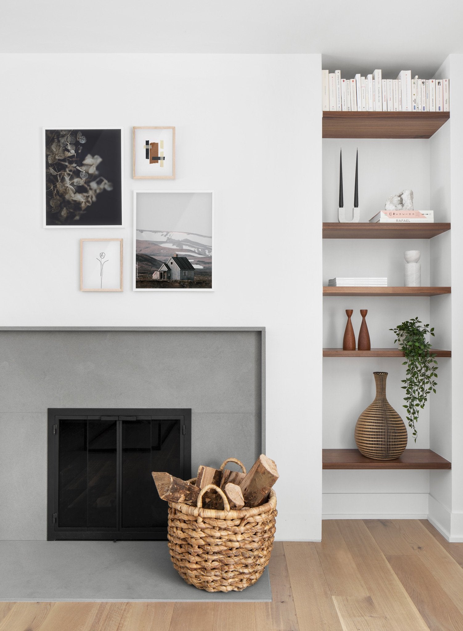 Hydrangea modern minimalist photography poster by Opposite Wall - Living room with fireplace