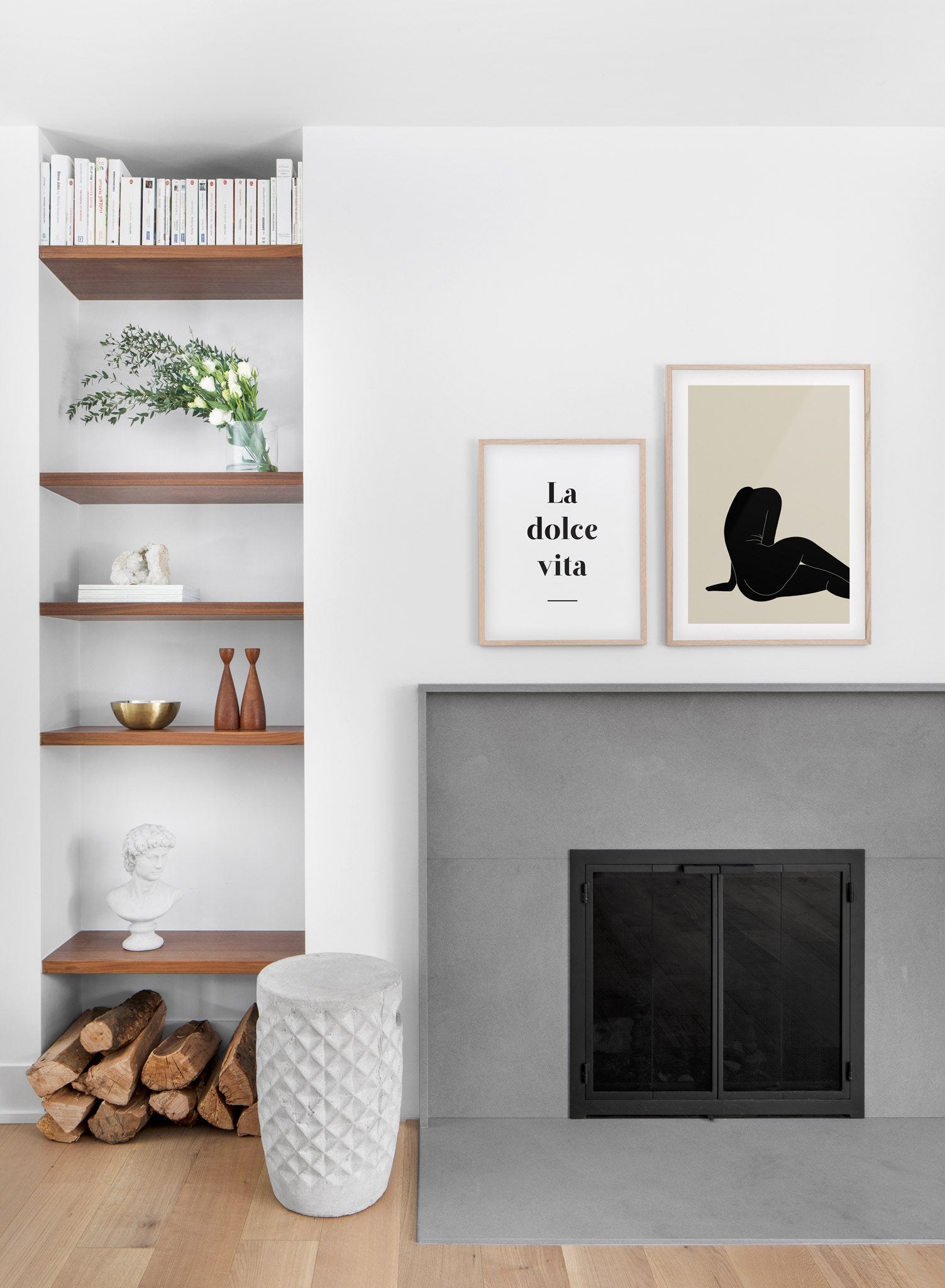 Modern minimalist poster by Opposite Wall with abstract illustration of a woman sitting - Gallery wall duo - Living room with a fireplace