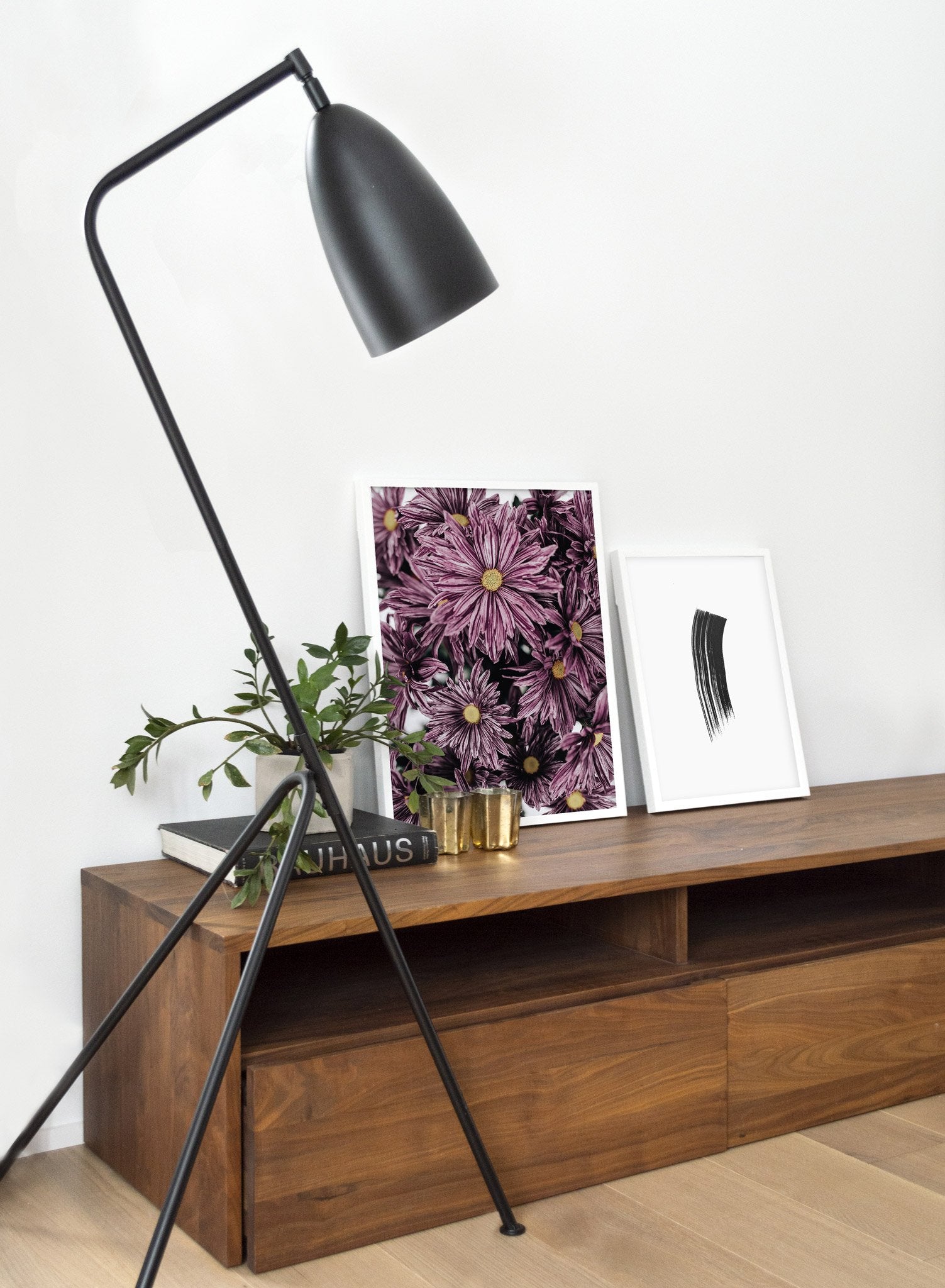 Minimalist poster duo featuring Mauve Blossoms daisy floral photography - Living Room