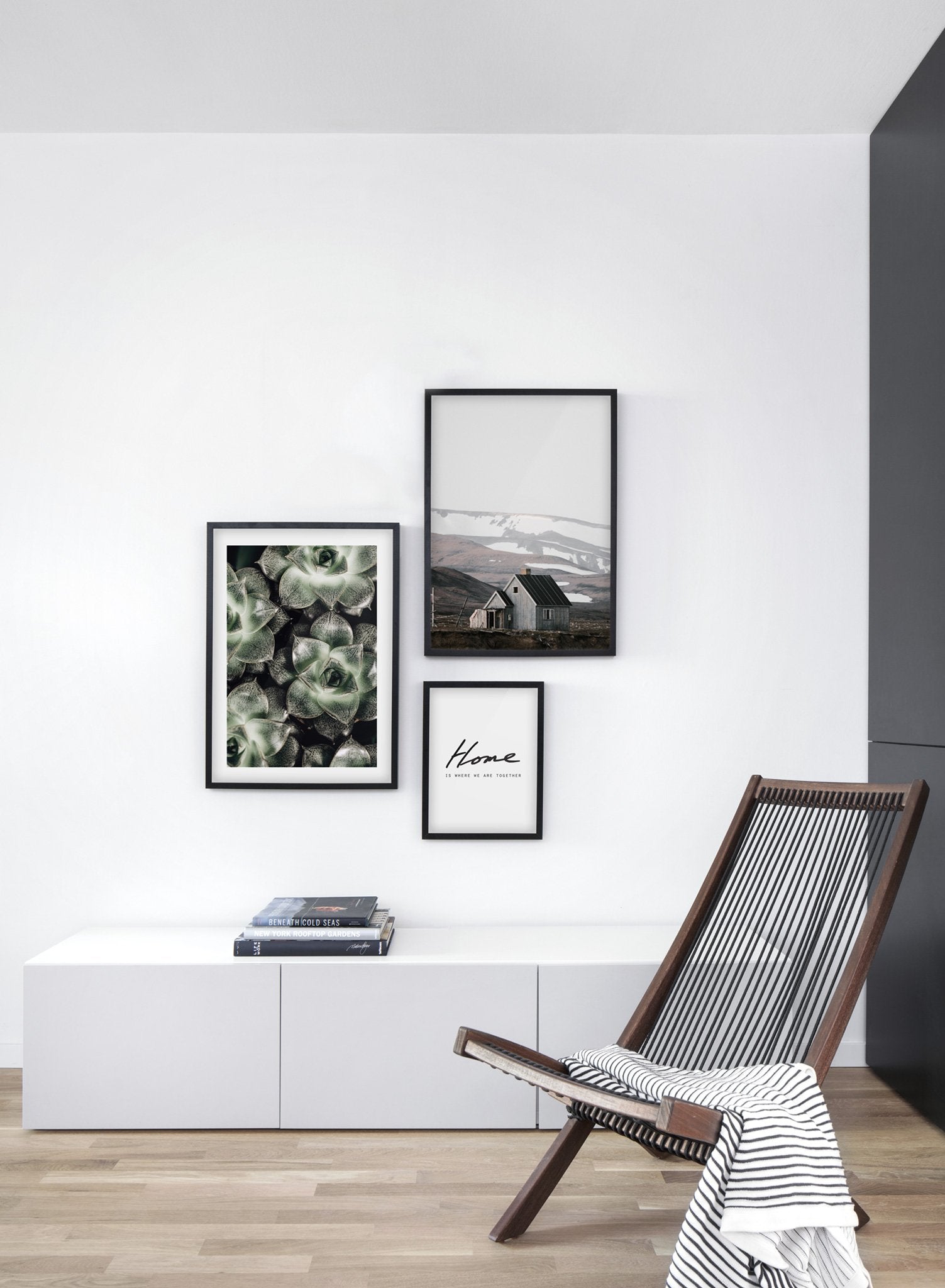 Minimalist wall art poster trio featuring succulents botanical photography - Living Room
