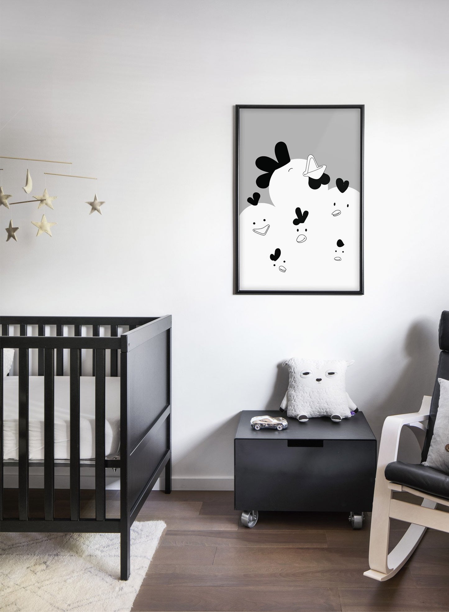 Modern minimalist poster by Opposite Wall with chicken illustration in black and white - kids collection - bedroom