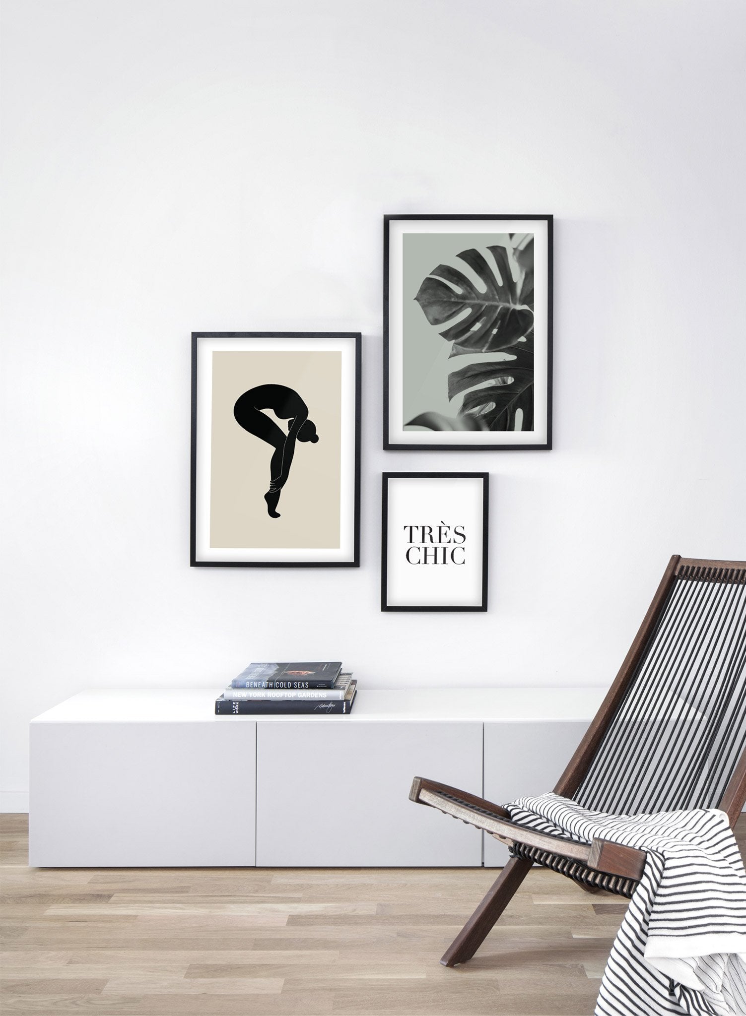 Modern minimalist poster by Opposite Wall with green Monstera still life botanical photography called Wild Ways in Green - Trio - Living Room