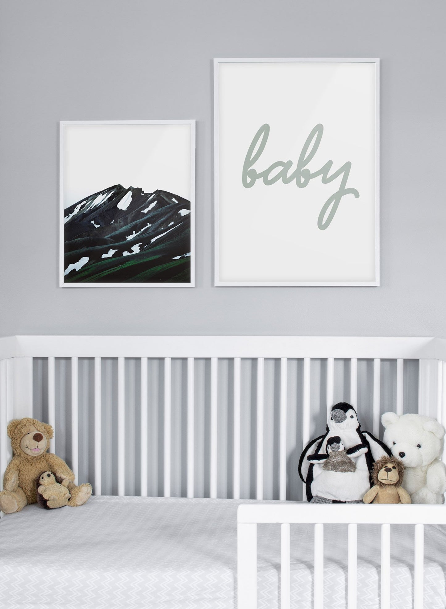 Scandinavian poster with graphic typography design of Baby in green text - Gallery Wall Duo - Baby Room
