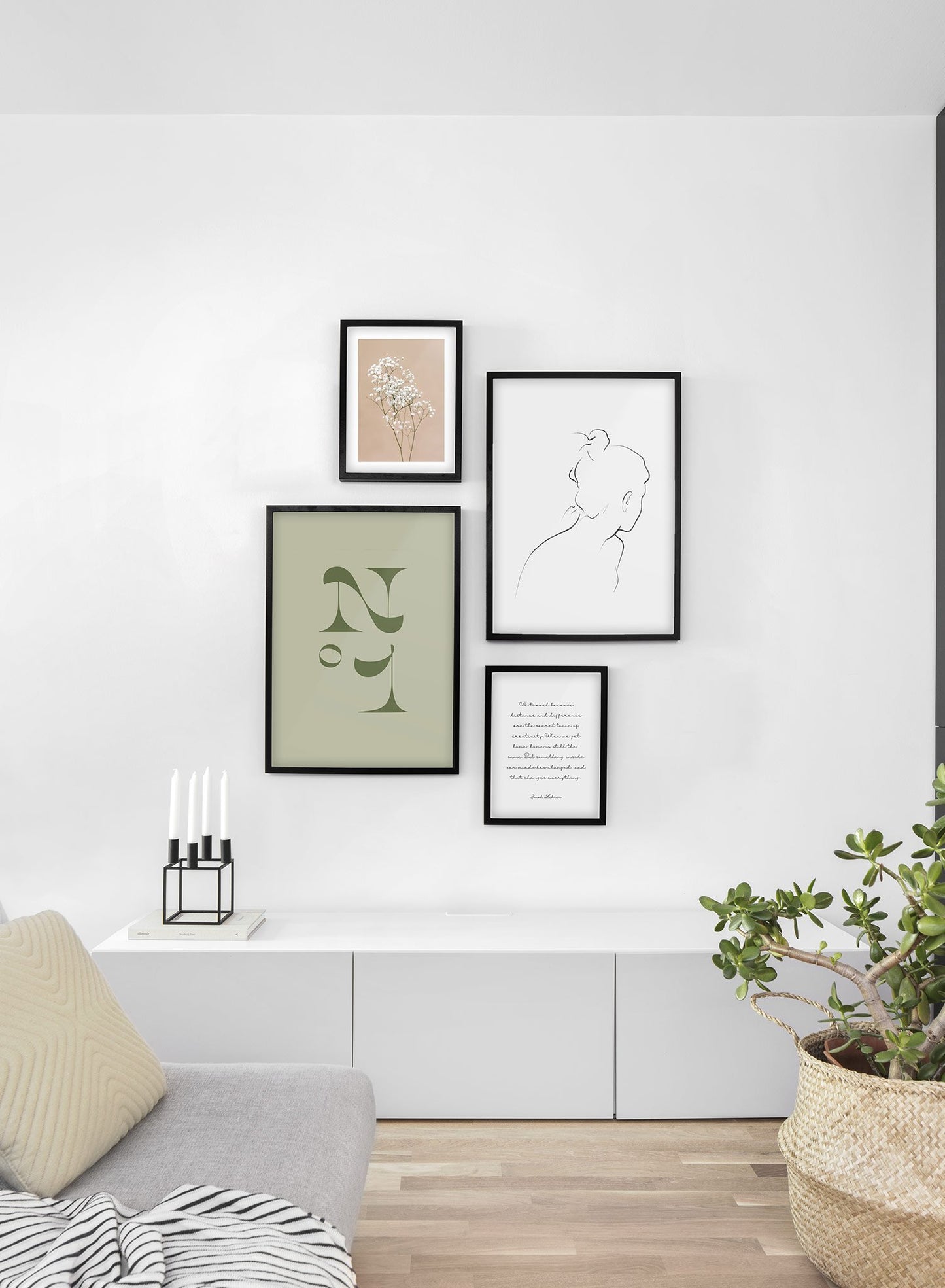 Scandinavian poster by Opposite Wall with green colour graphic typography design of Numero Un - Living Room - Gallery Wall Quad