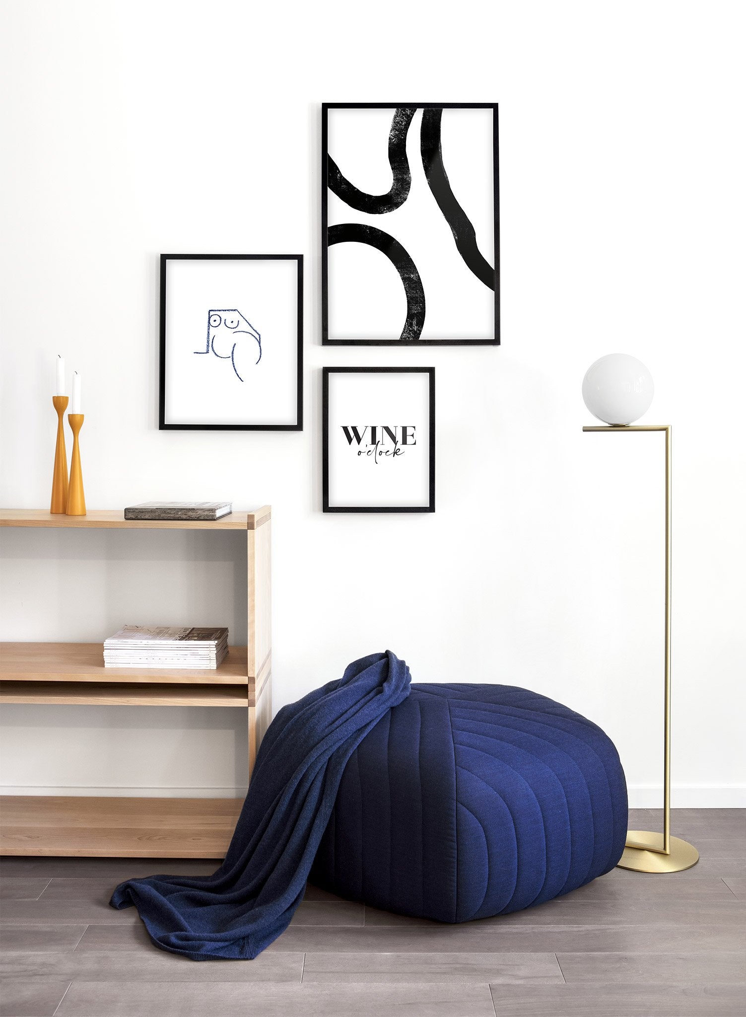 Modern minimalist poster by Opposite Wall with black and white Delicate Curves illustration - Lifestyle Trio - Living Room