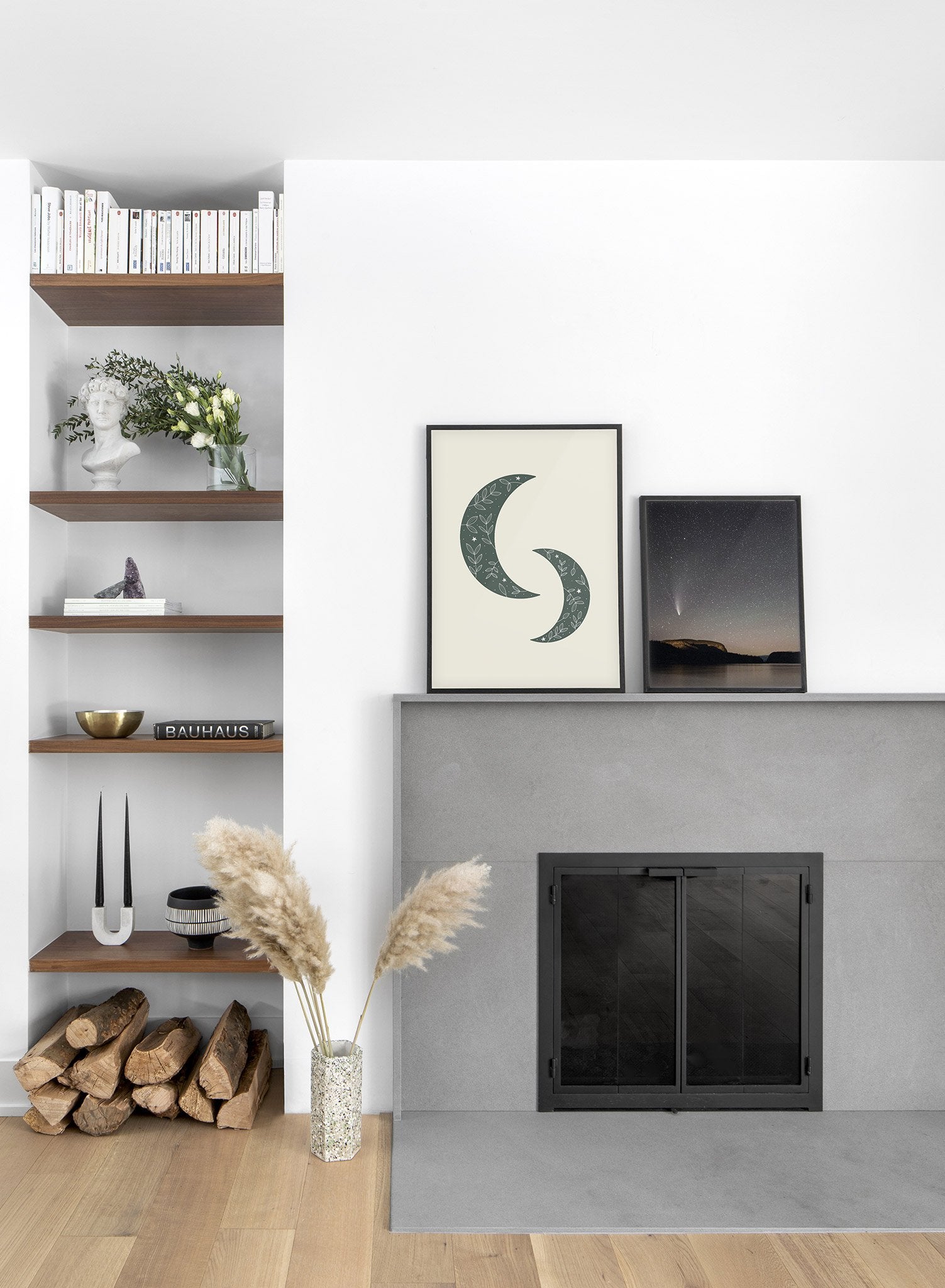 Celestial illustration poster by Opposite Wall with green Floral Moon - Lifestyle Duo - Living Room
