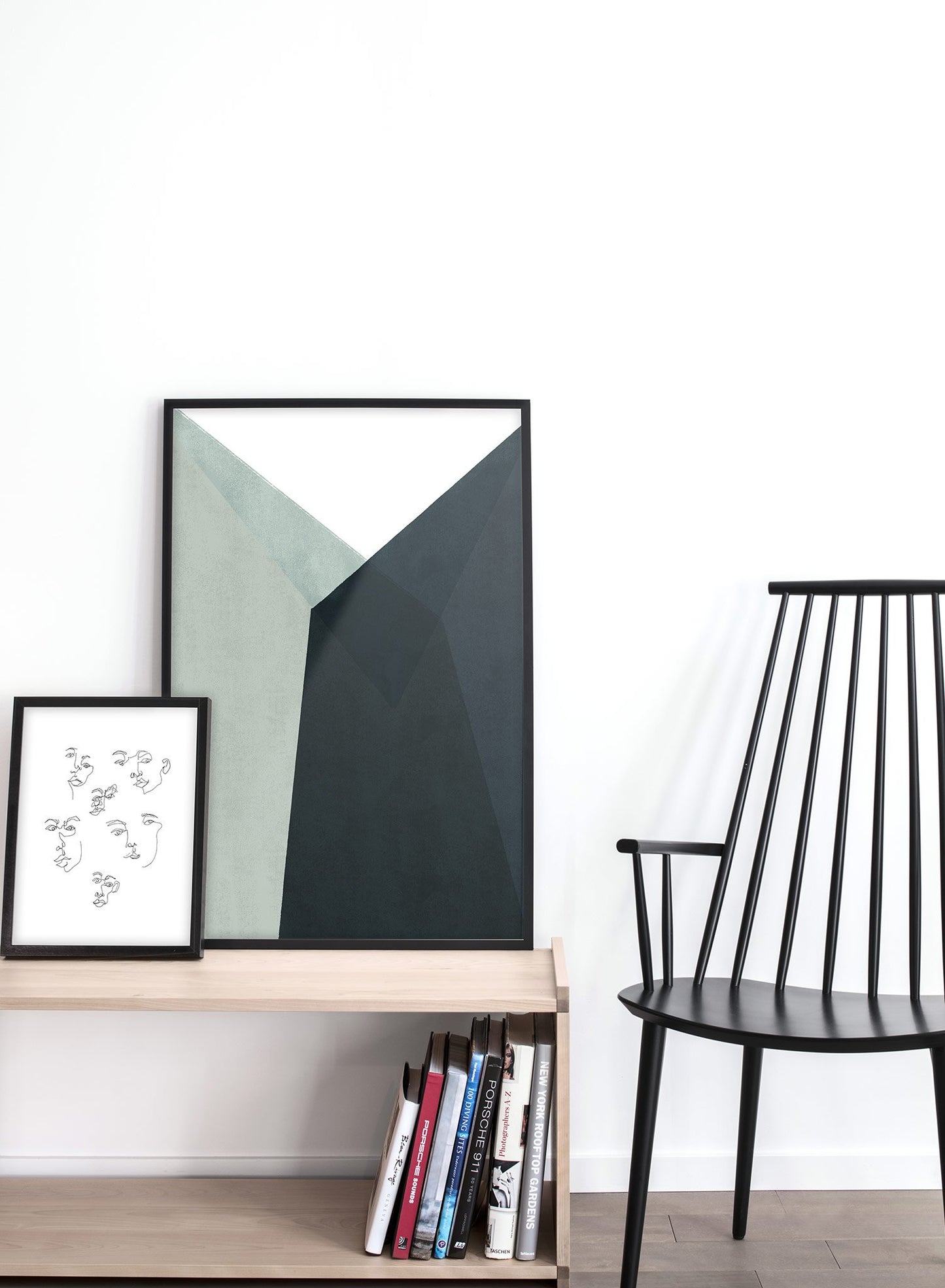 Modern minimalist poster by Opposite Wall with abstract blue and green angled shapes - Lifestyle Duo - Living Room