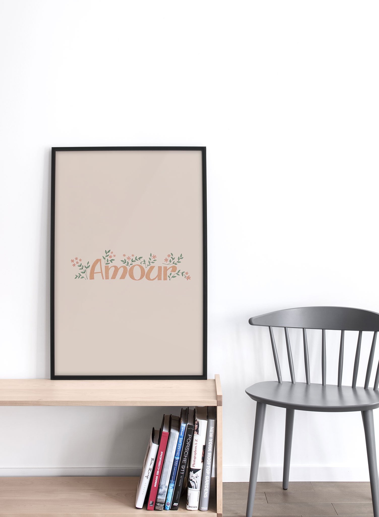 Modern minimalist botanical typography poster by Opposite Wall with Peachy Love amour in orange - Lifestyle - Living Room