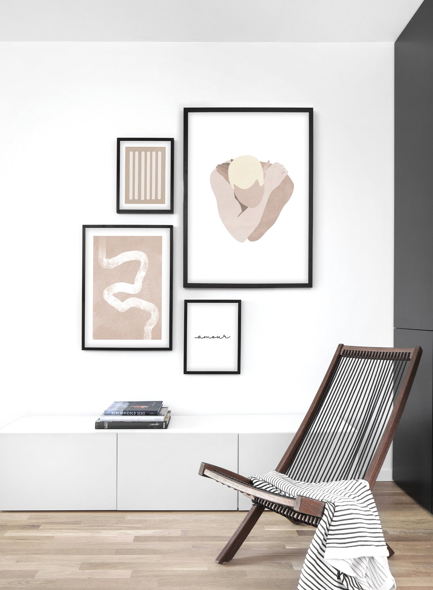 "Introspection" is a minimalist and illustration poster by Opposite Wall in the theme of self-love of a man giving himself a hug. This poster is in the shades of yellow, beige and white.