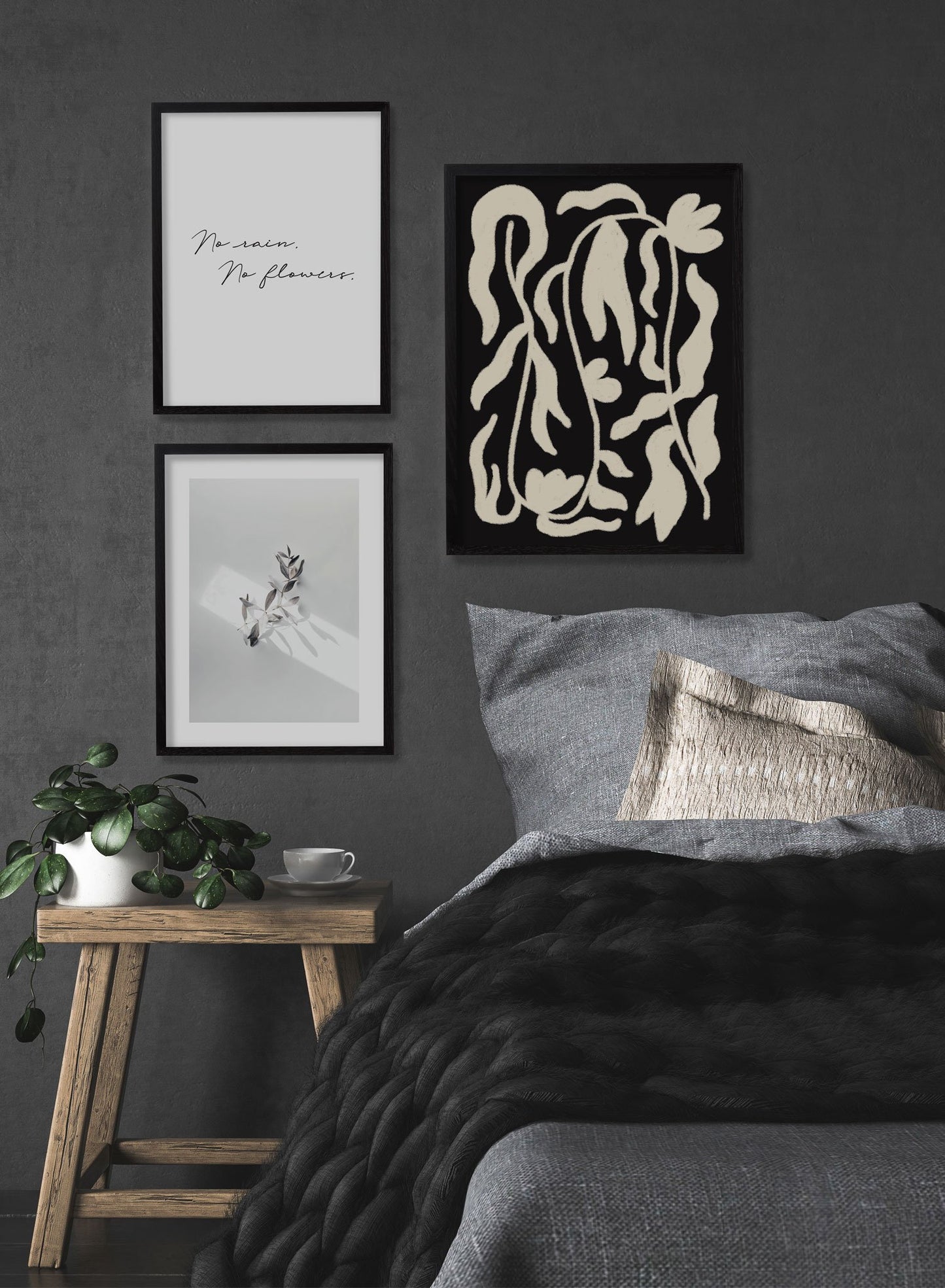 "Serpentine in Black" is a minimalist botanical illustration poster by Opposite Wall of vintage black and beige leaves.