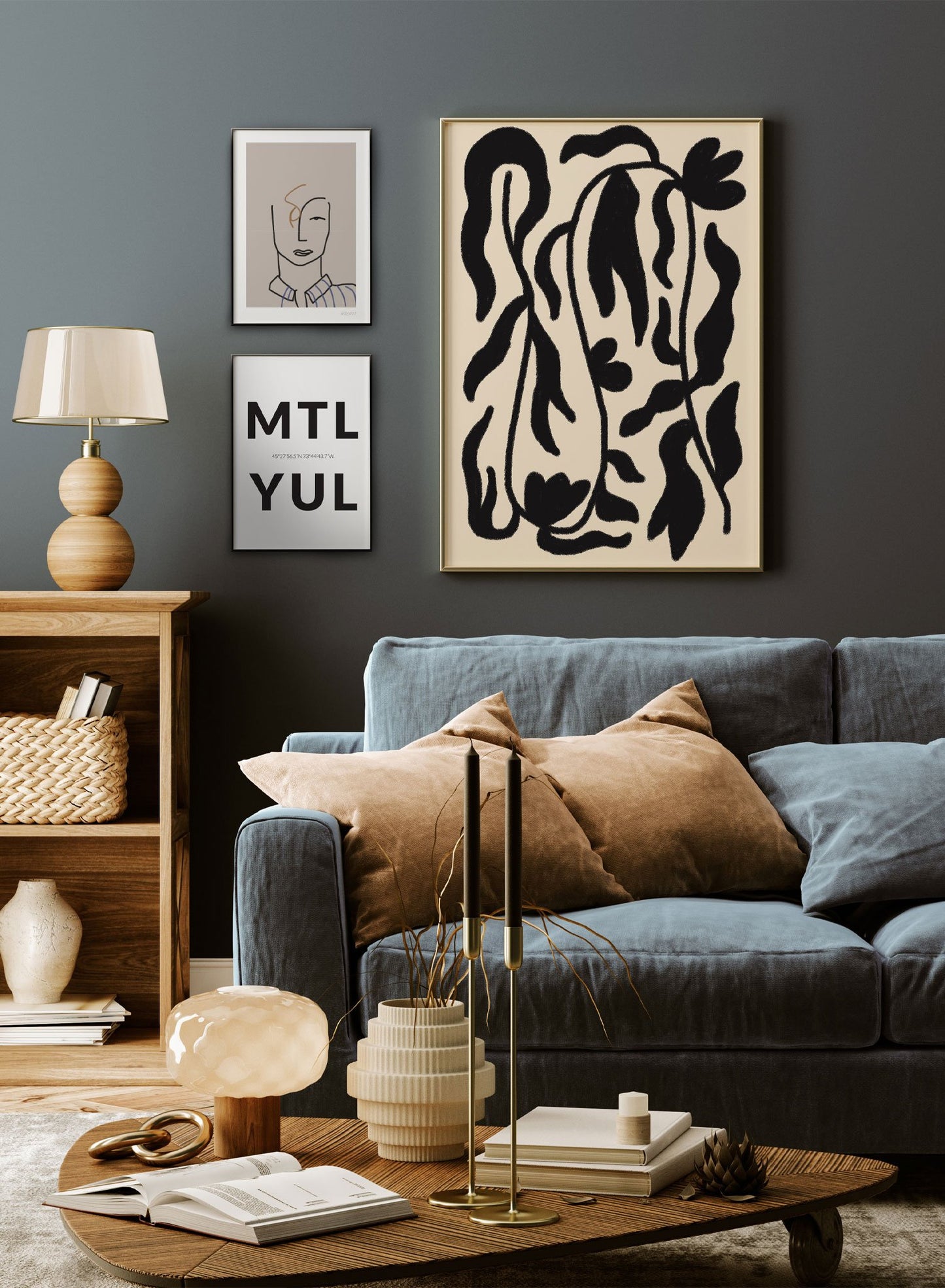 "Serpentine" is a minimalist botanical illustration poster by Opposite Wall of vintage black leaves over a beige background.