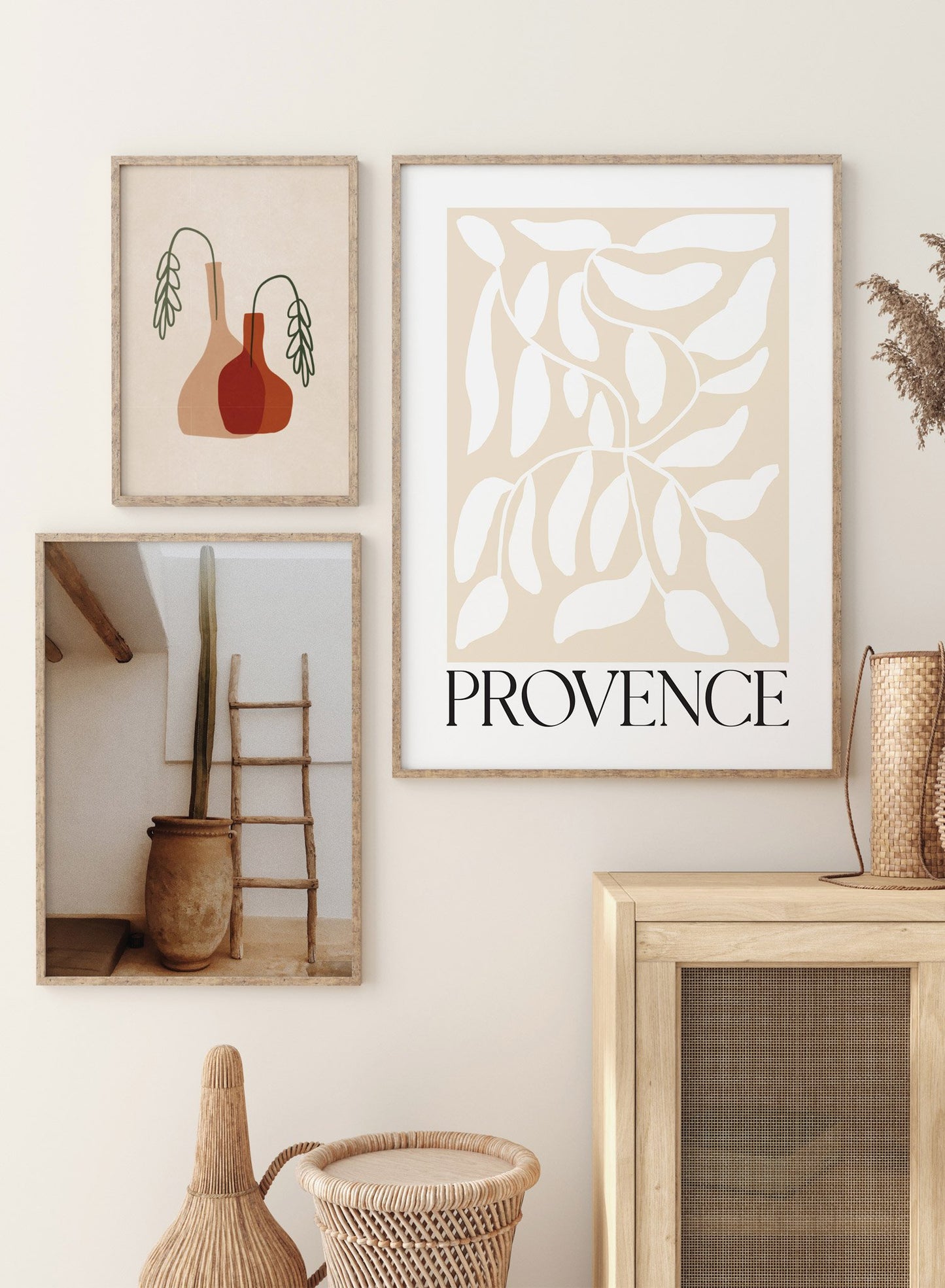 "Provence" is a minimalist  botanical illustration poster by Opposite Wall of vintage white leaves over a beige background and the a "Provence" typography print.