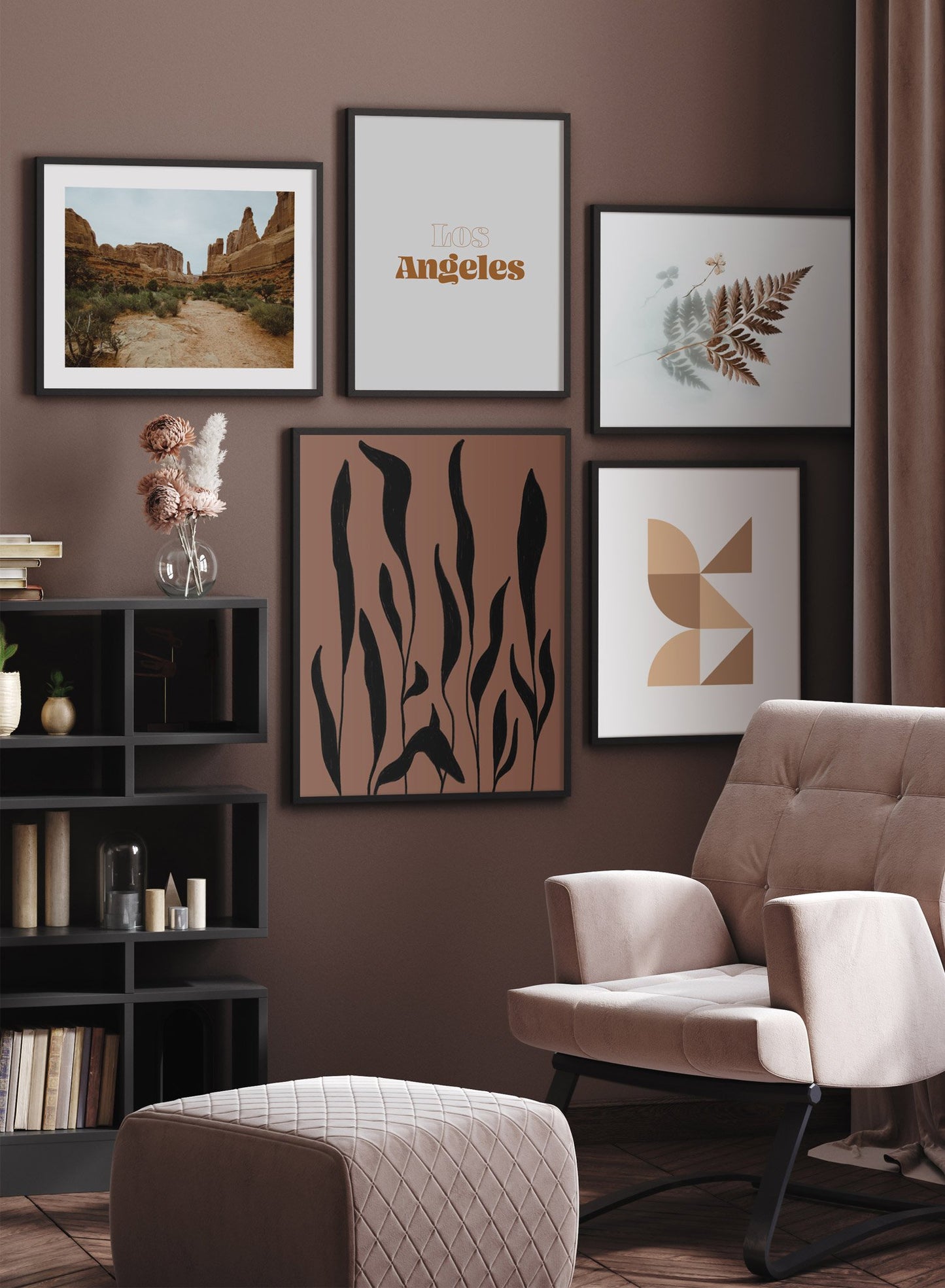 "Grassland" is a minimalist botanical illustration poster by Opposite Wall of tall black grasses over a brown background.