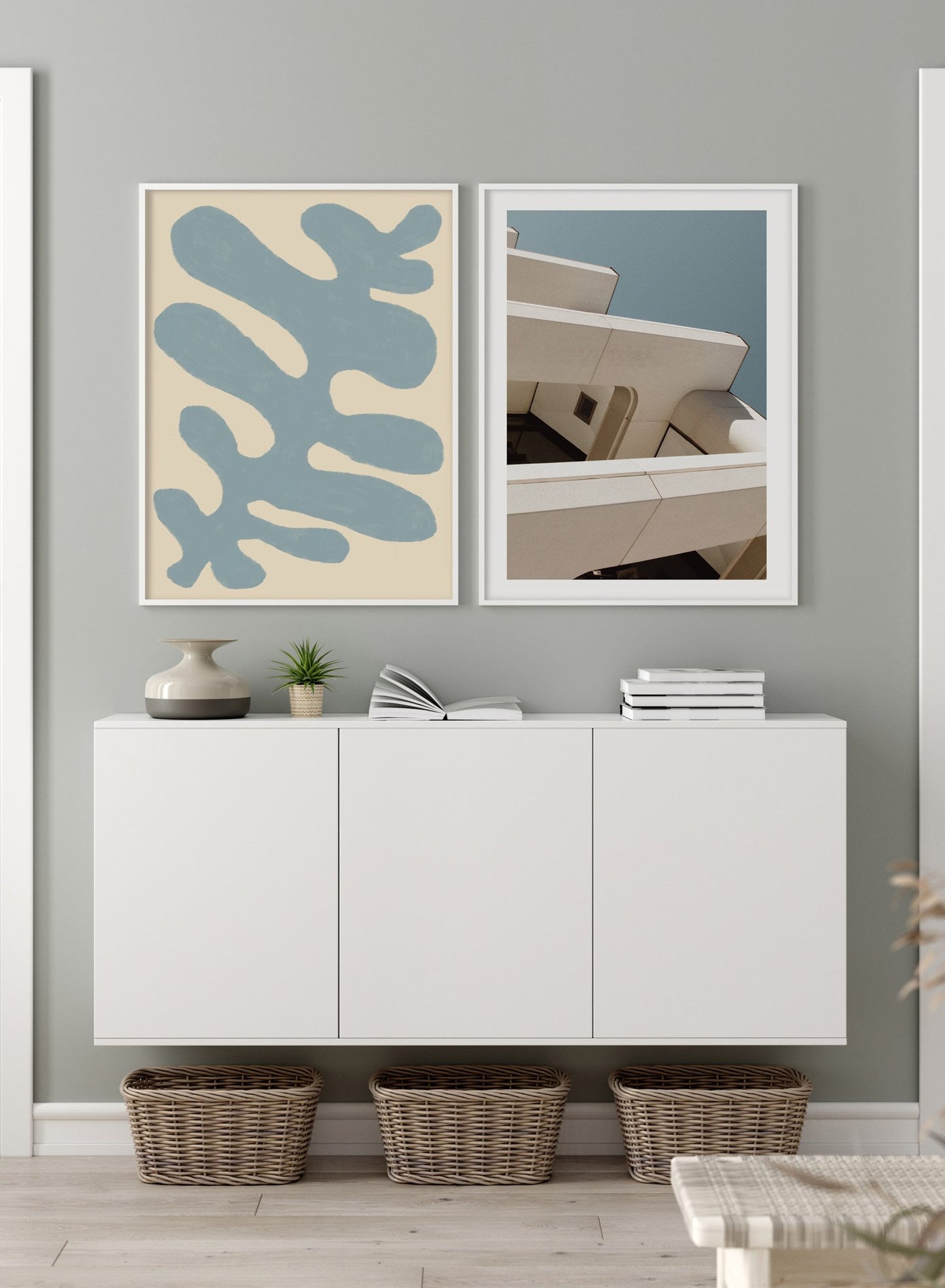 "Blue Algae" is a minimalist botanical illustration poster by Opposite Wall of an abstract and vintage blue seaweed over a beige background.