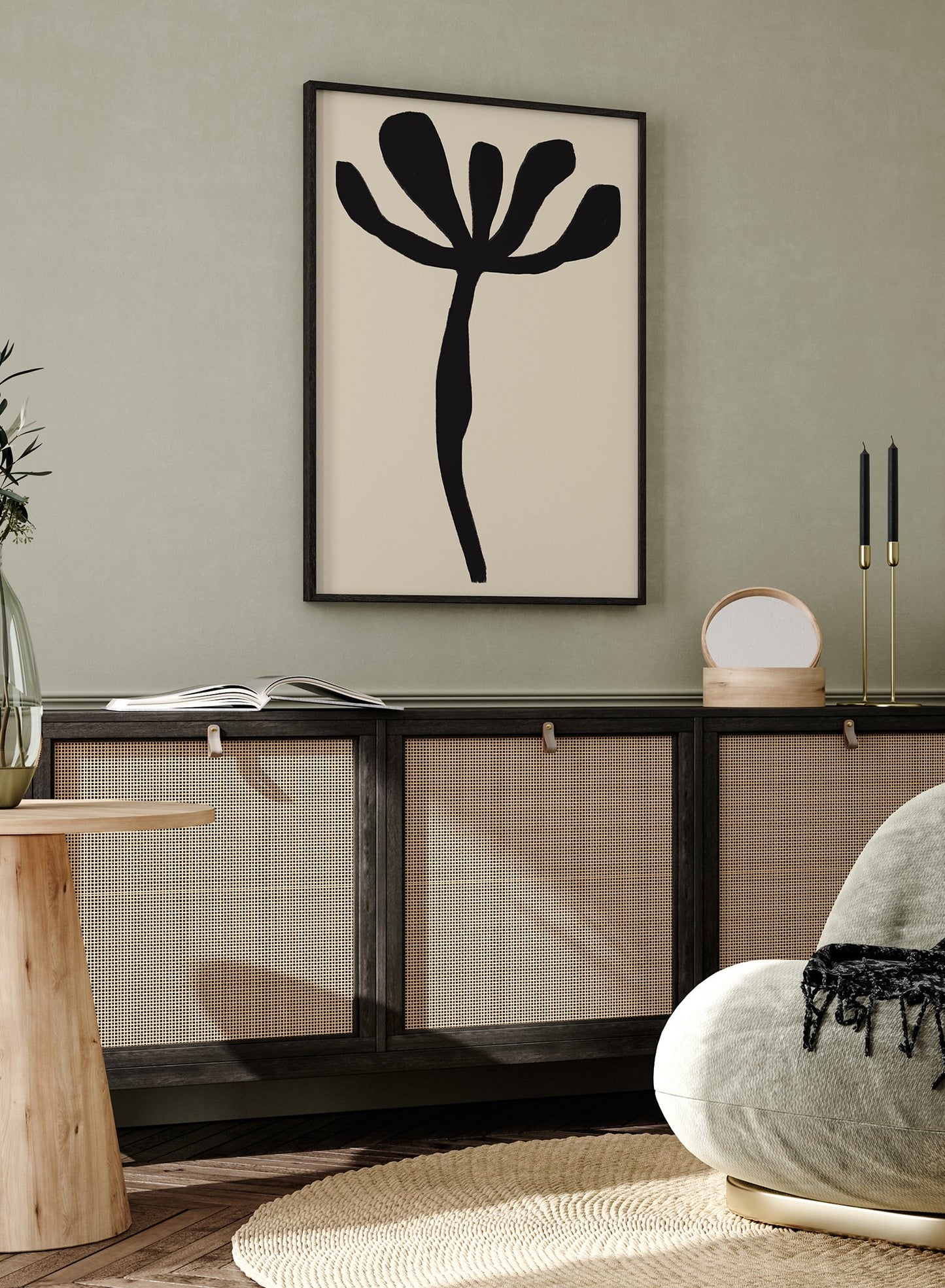 "Single Branch" is a minimalist botanical illustration poster by Opposite Wall of an abstract black branch over a beige background.