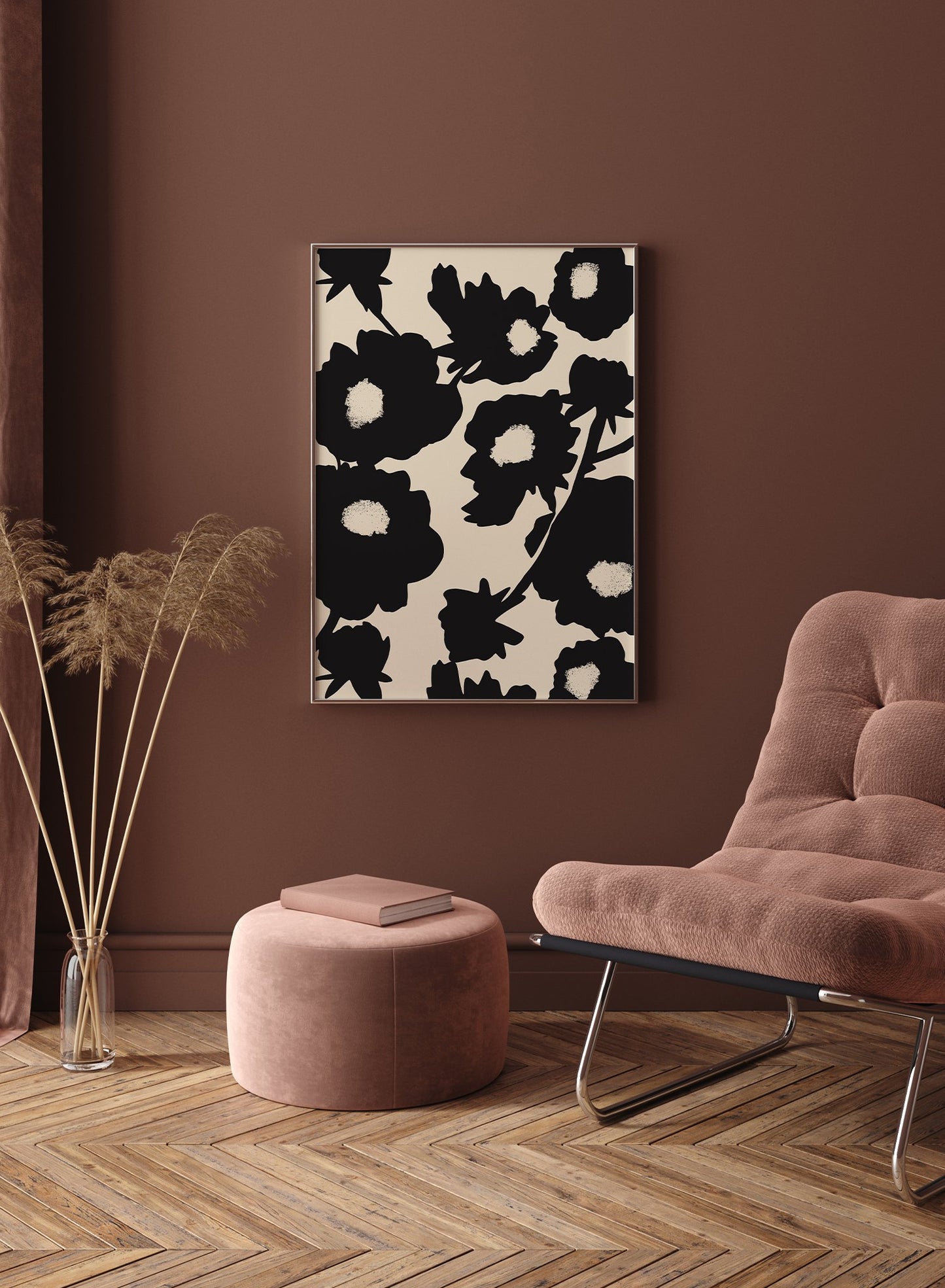 "Flower Bush" is a minimalist illustration poster by Opposite Wall in black and beige of abstract branch inspired by French painter Henri Matisse.