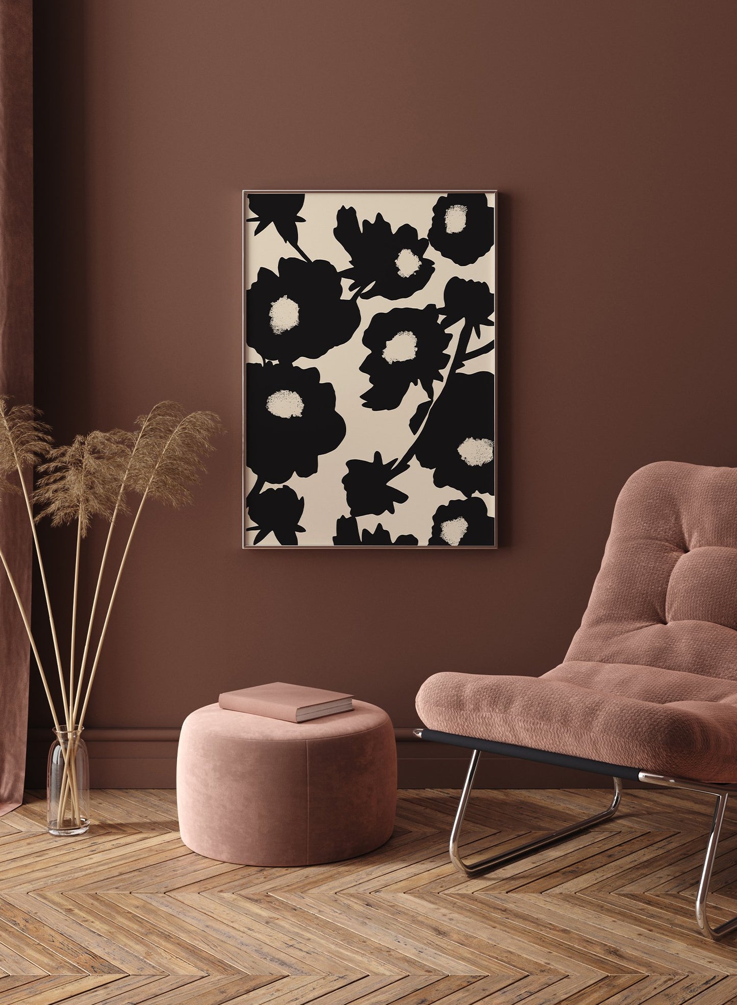 "Flower Bush" is a minimalist illustration poster by Opposite Wall in black and beige of abstract branch inspired by French painter Henri Matisse.