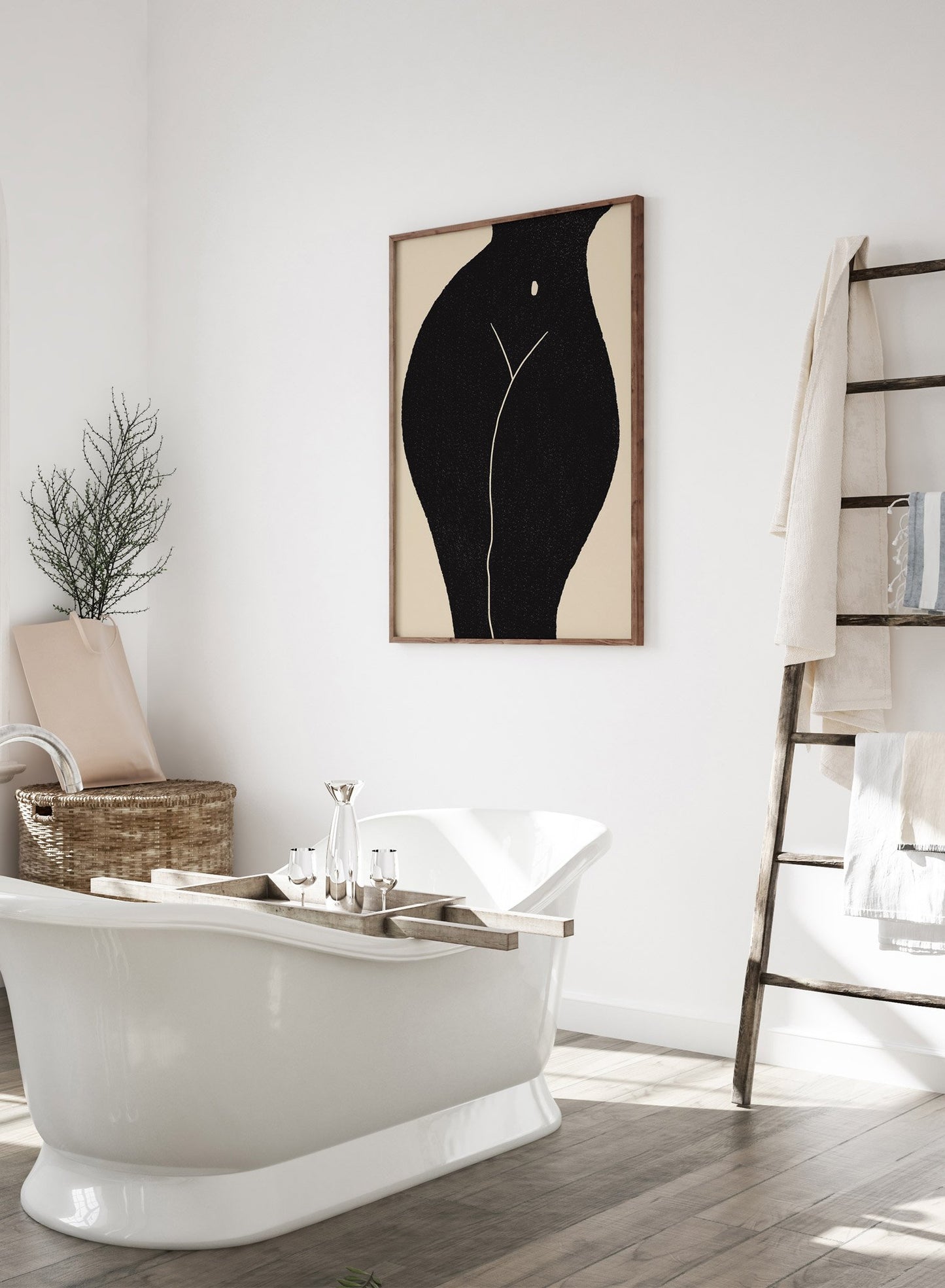 "Glorious" is a minimalist illustration poster by Opposite Wall in black and beige of a curvy woman’s torso and legs.