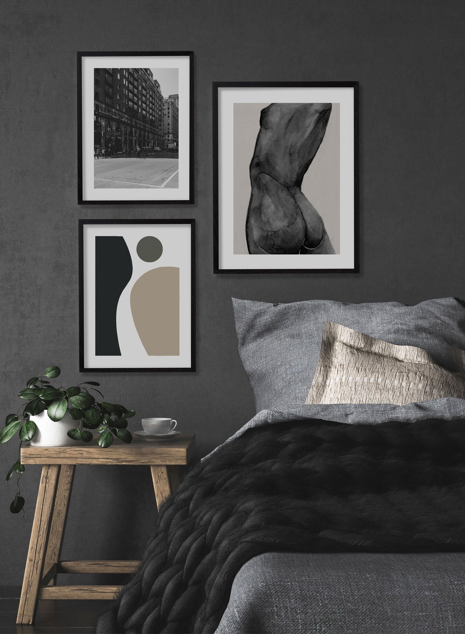 "Never Look Back" is a minimalist black and beige illustration poster by Opposite Wall of a female silhouette’s back and posterior over a beige background.