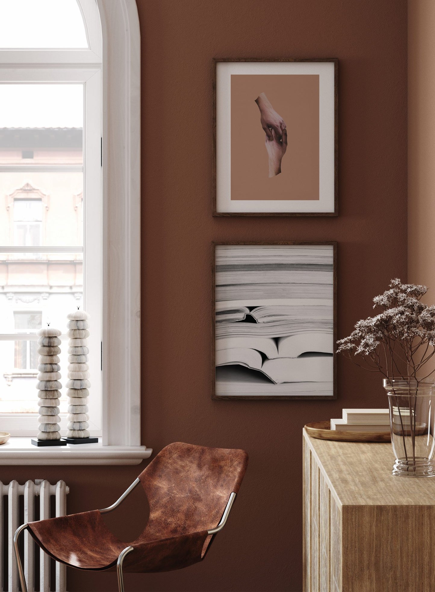 "I've Got You" is a minimalist beige and brown collage poster by Opposite Wall of cutout hands holding over a light brown background.