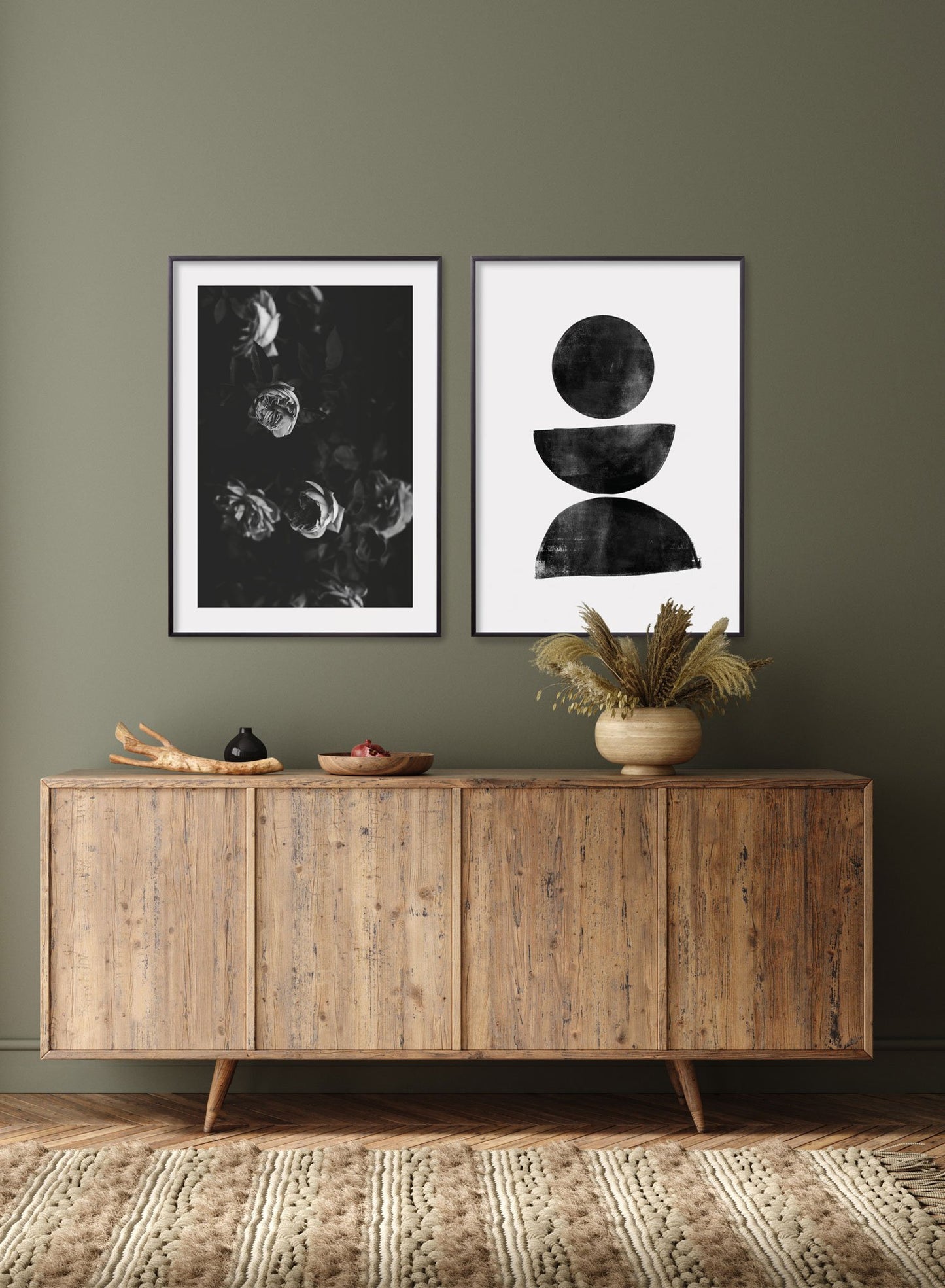 "Black & Rose Movie" is a black & white floral photography poster by Opposite Wall of a vintage dramatic rose bush.