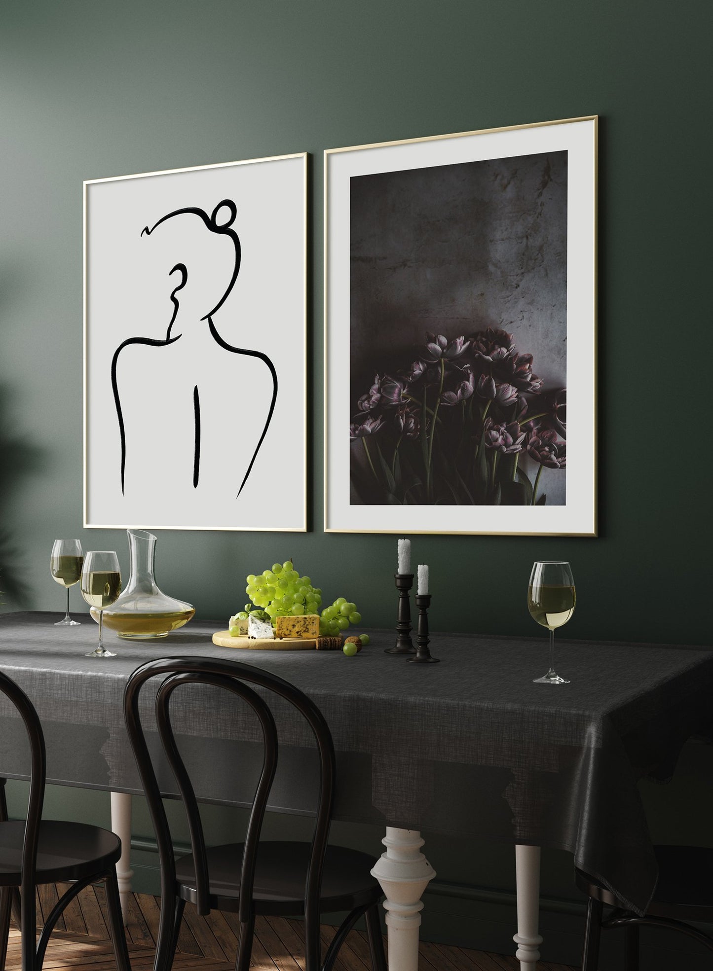 "Purple Symphony" is a flower photography poster by Opposite Wall of dark purple tulips over a textured industrial wall.