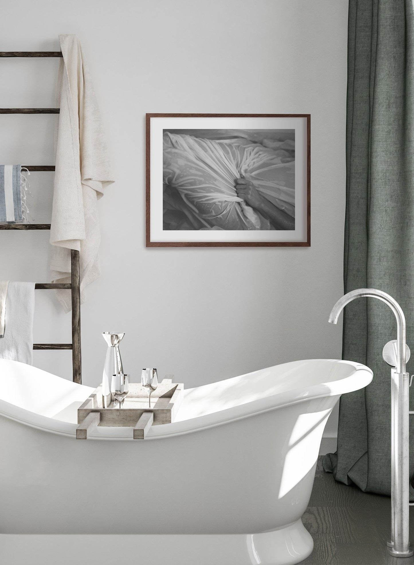 "Soaked" is a minimalist black & white photography poster by Opposite Wall of a nude woman in soaked sheets.