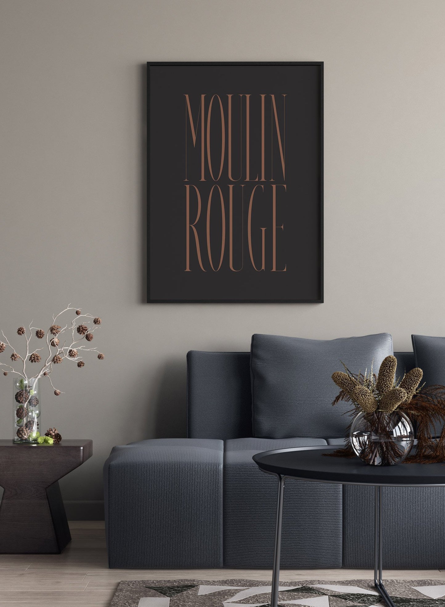 "Moulin Rouge" is a minimalist typography poster by Opposite Wall of the word Moulin Rouge in burnt-orange vintage lettering over a black background.