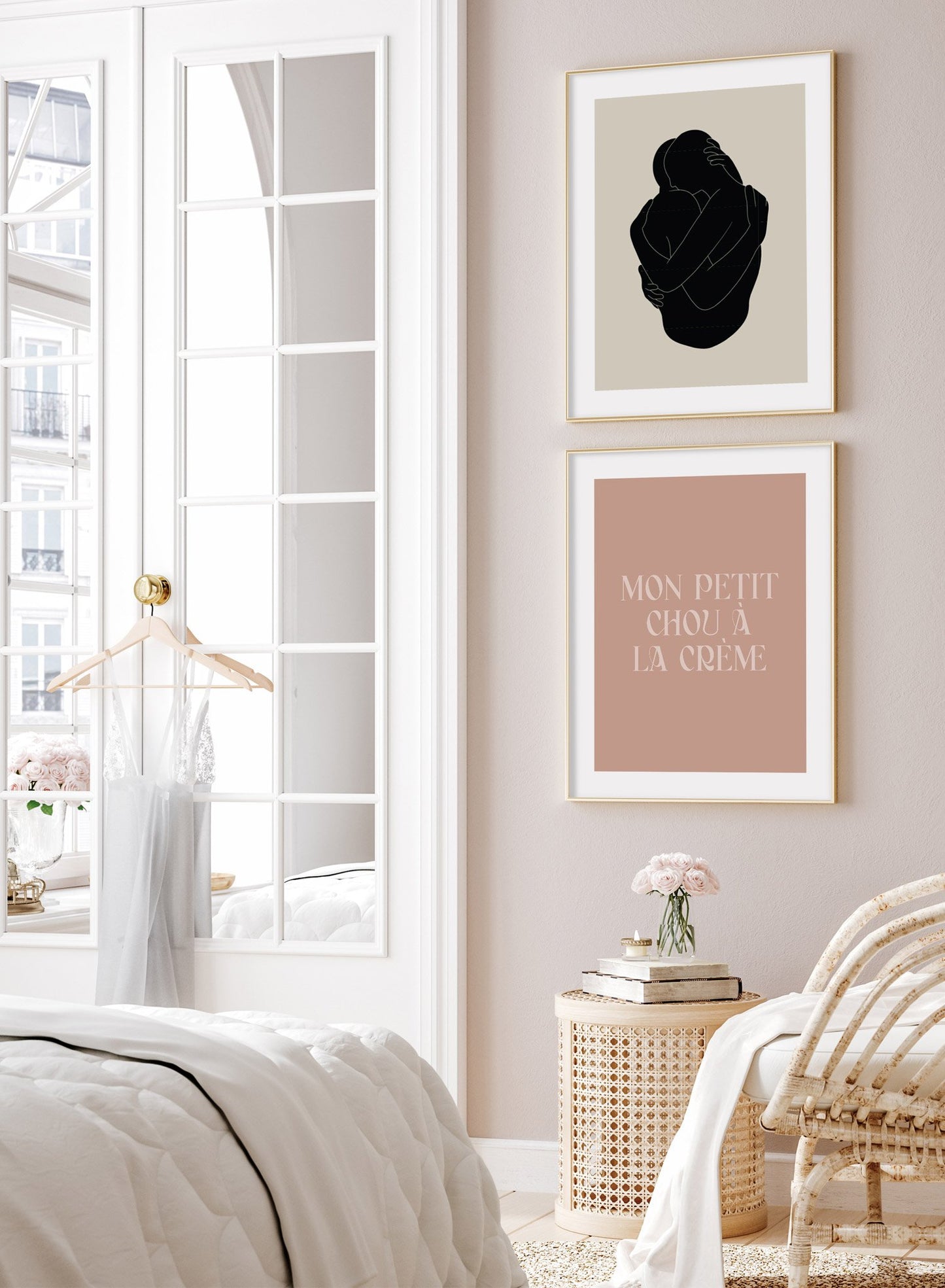 "My Little Cream Puff" is a minimalist typography poster by Opposite Wall of the word’s “my little cream puff” in French over a sandy beige background in vintage lettering.