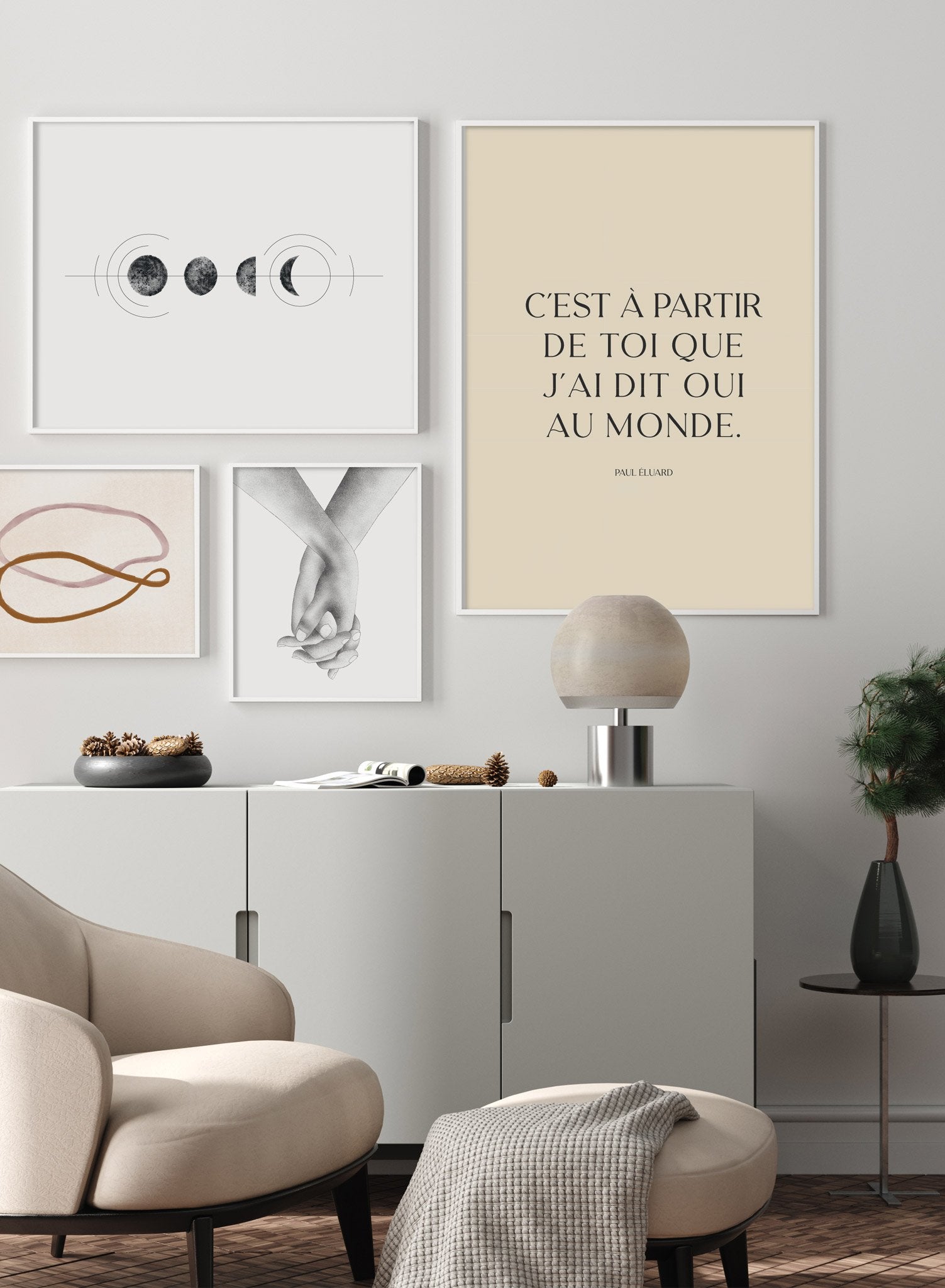 "Saying Yes to the World" is a minimalist typography poster by Opposite Wall of a romantic quote by French poet Paul Éluard in vintage lettering over a light beige background.
