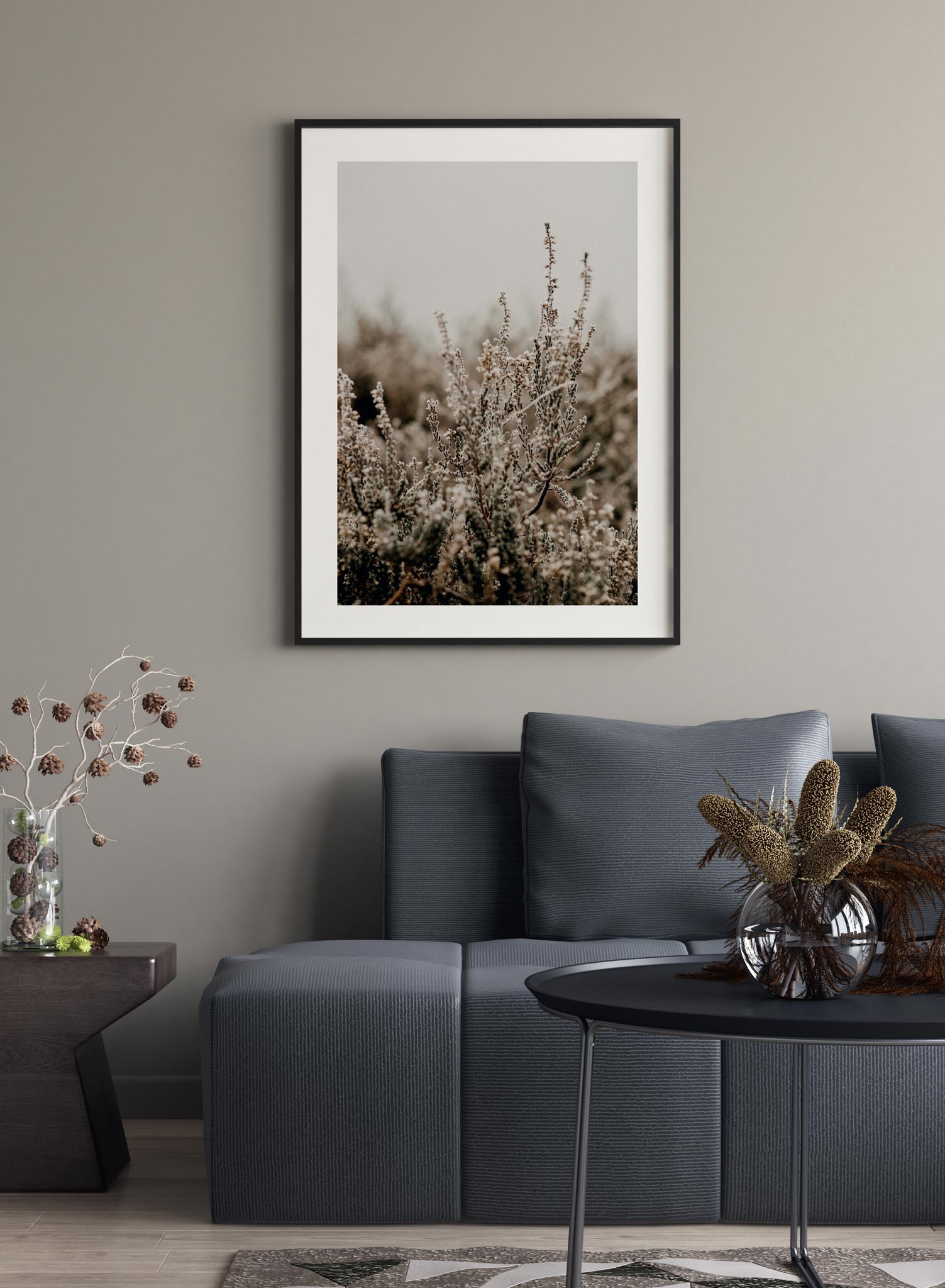 "Silvery Seedheads" is a botanical photography poster by Opposite Wall of branches covered in tiny white flower blooms in a forest.