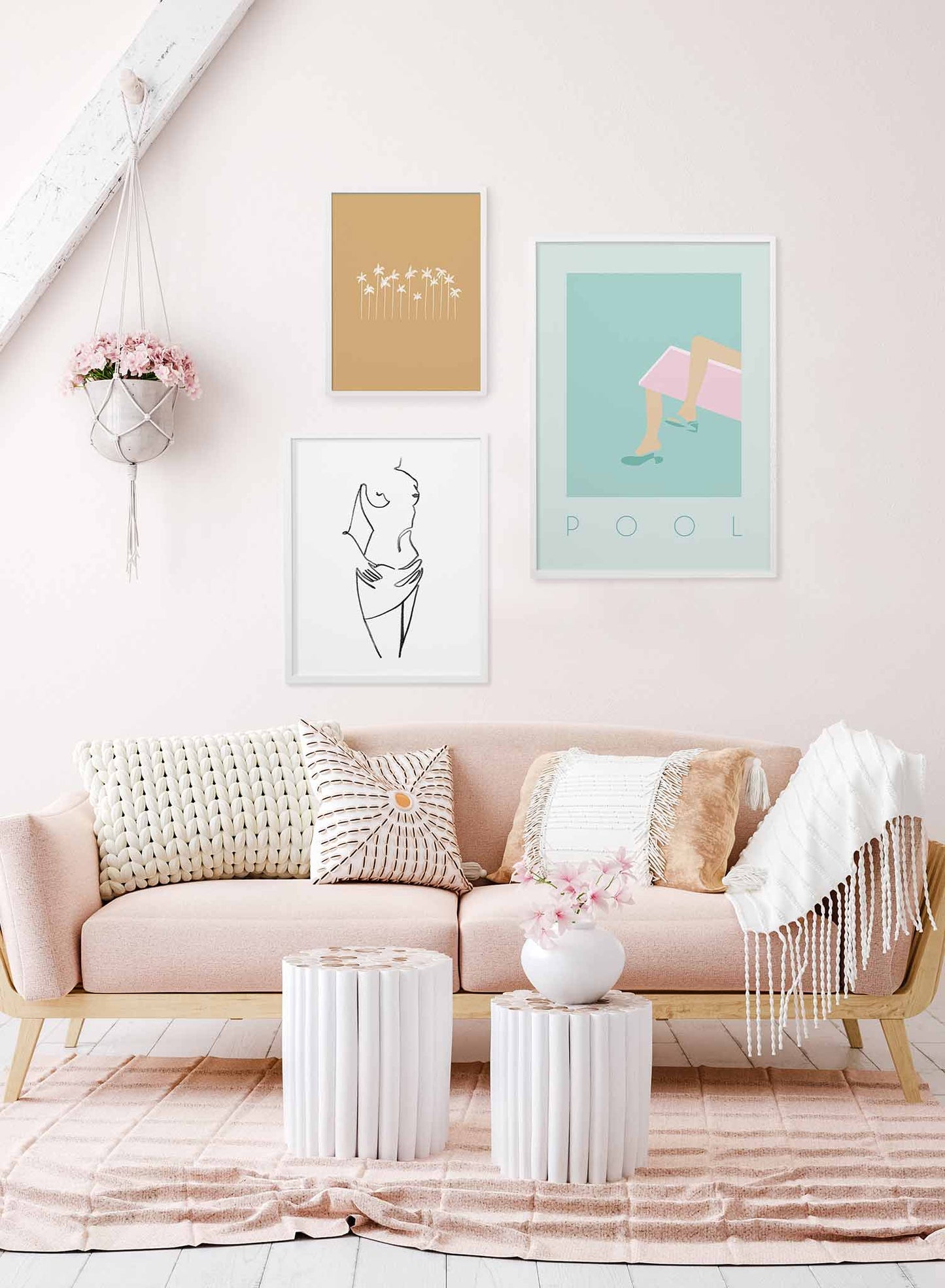 Summer Throne is a minimalist illustration poster of a woman wearing high heels while sitting on a diving board by Opposite Wall.