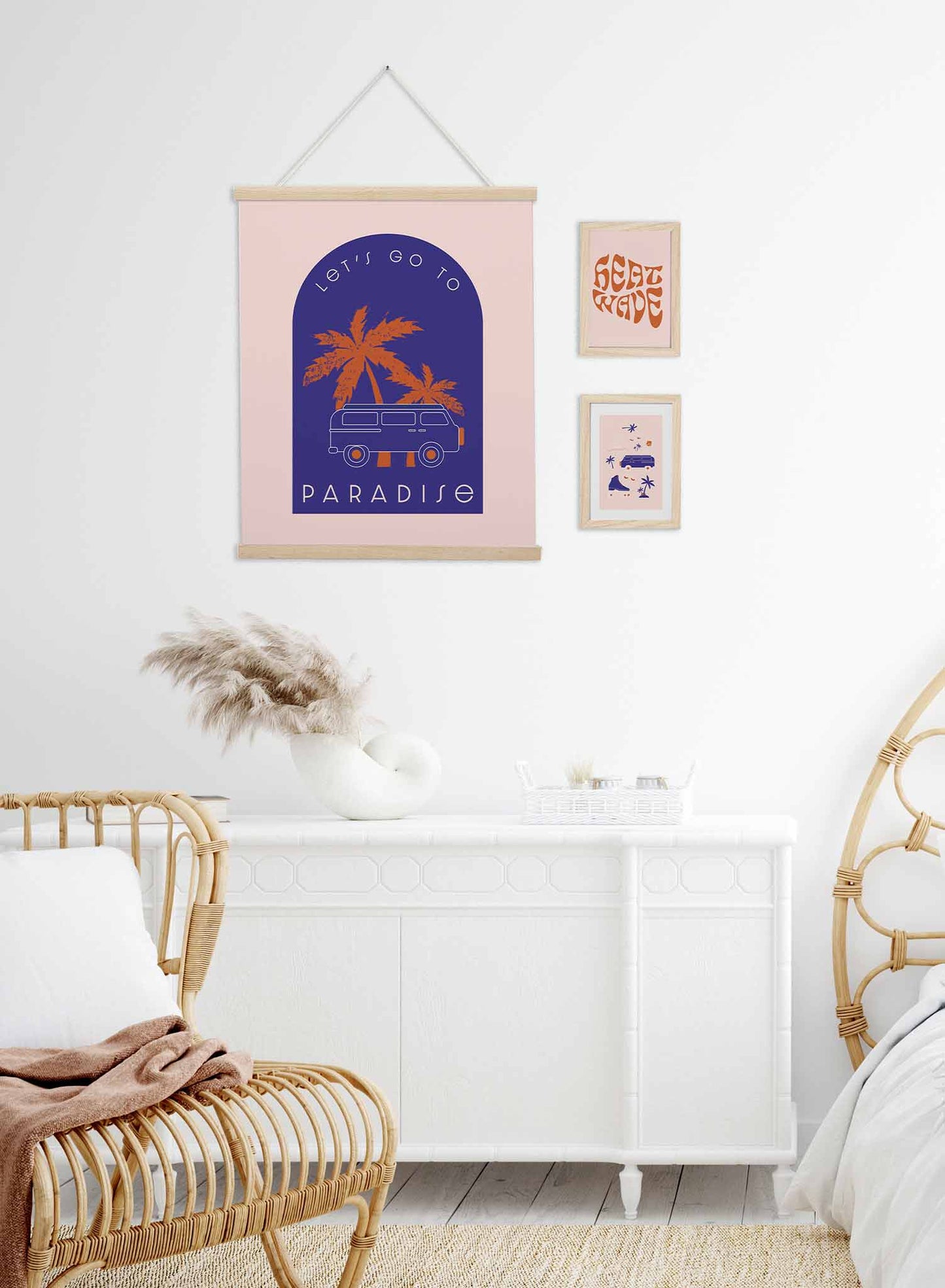 This Way to Paradise is a retro illustration poster of a Winnebago van layered over palm trees by Opposite Wall.