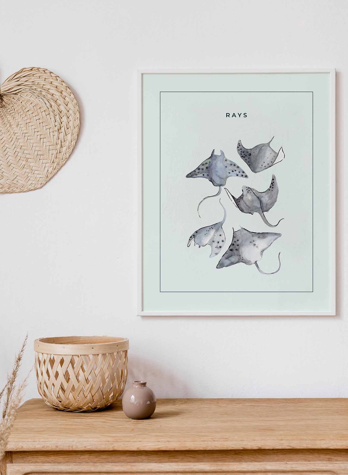 Ray Gang is a minimalist illustration of five grey rays with dots on their pectoral fins by Opposite Wall.