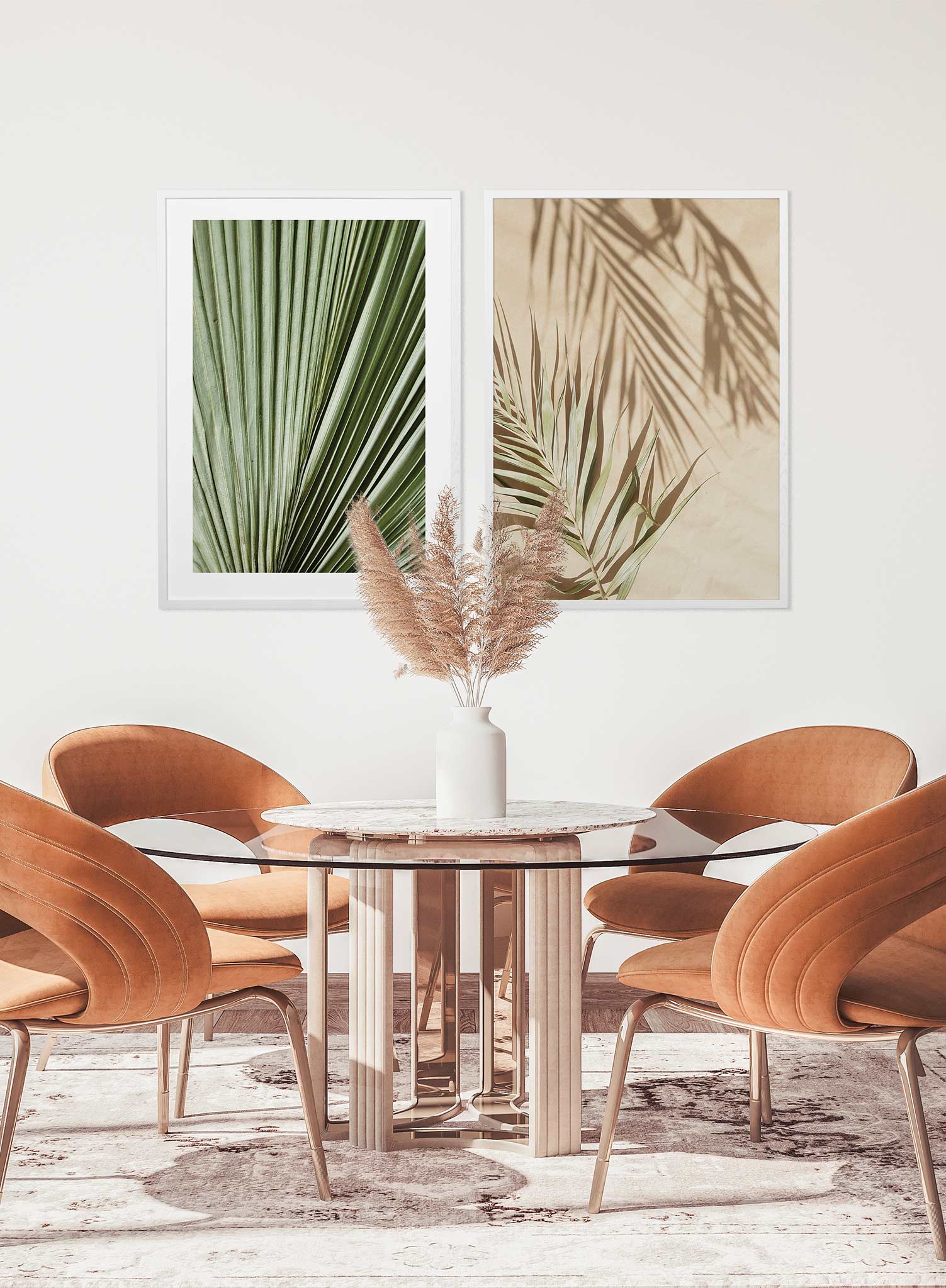 Scorching Day is a minimalist photography of a dry green parlor palm leaf on the left side mirrored by the shadow of another leaf on the right side by Opposite Wall.
