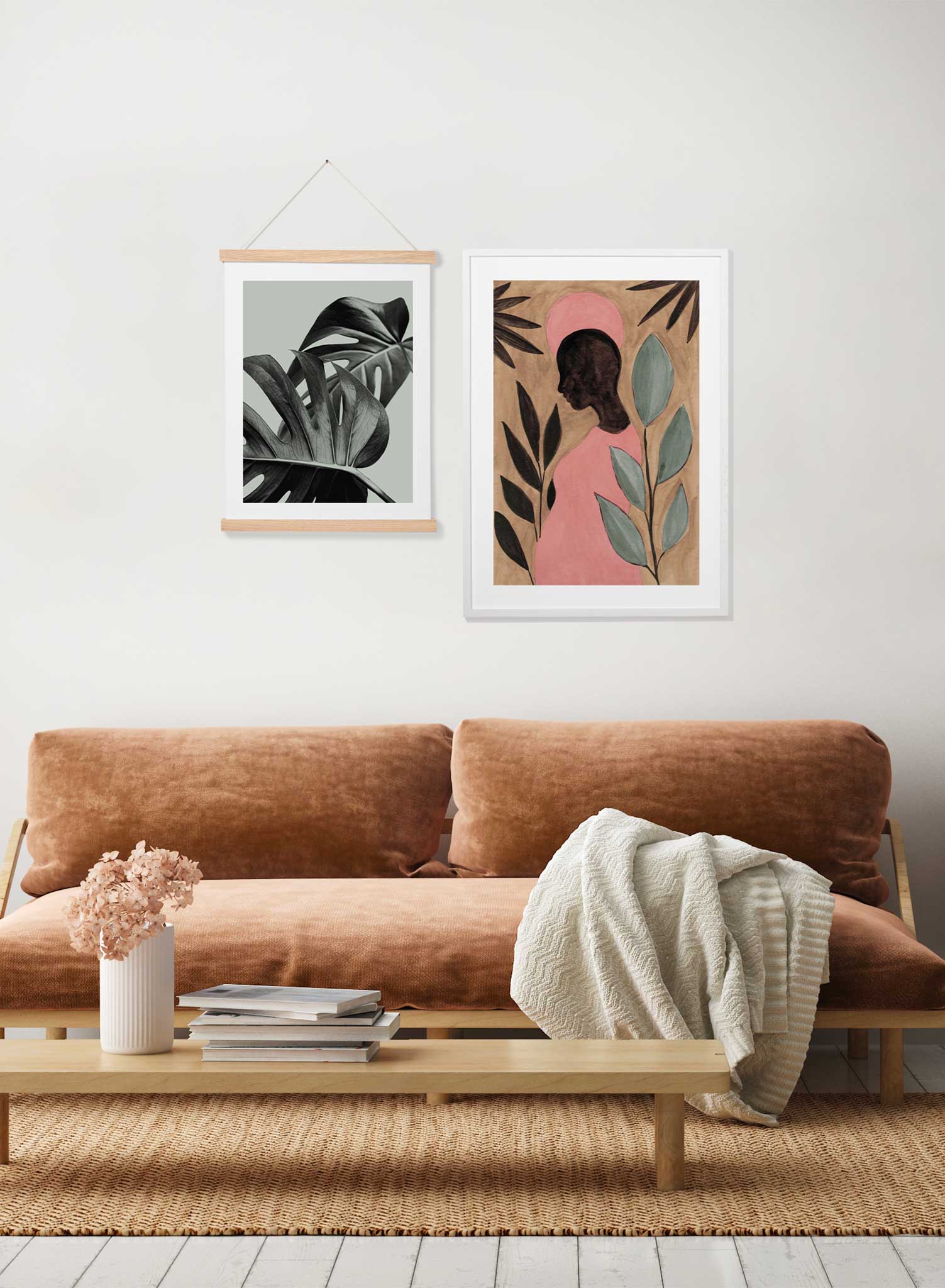 Ala is a minimalist illustration of a woman wearing a pink dress where her baby bump can be seen as she stands in the jungle by Opposite Wall.
