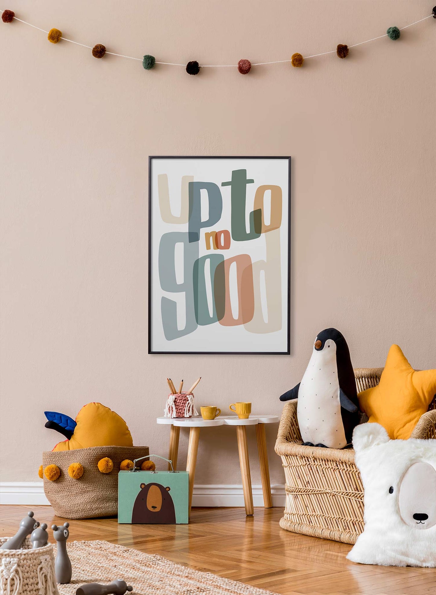 Up to No Good is a minimalist typography by Opposite Wall of the words "Up to No Good" written in big overlapping colourful letters.