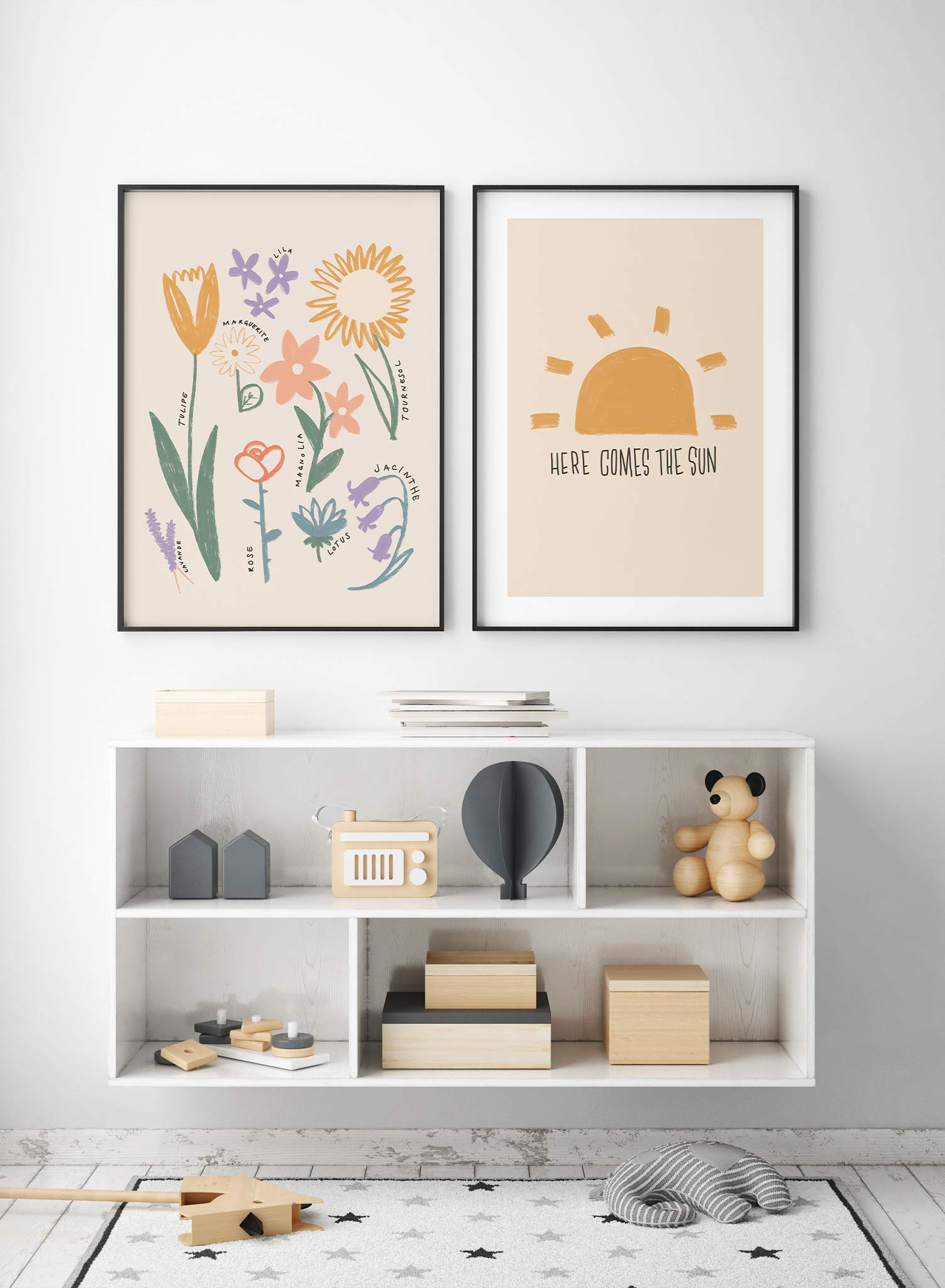 Little Gardener’s Guide in French is a minimalist illustration by Opposite Wall of various types of commonly found flowers with their names in French.