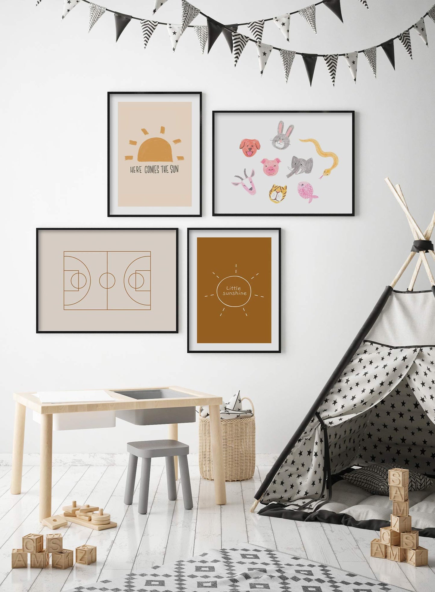 Here Comes the Sun is a minimalist typography by Opposite Wall of a big bright sun with the words "Here Comes the Sun" at the bottom.