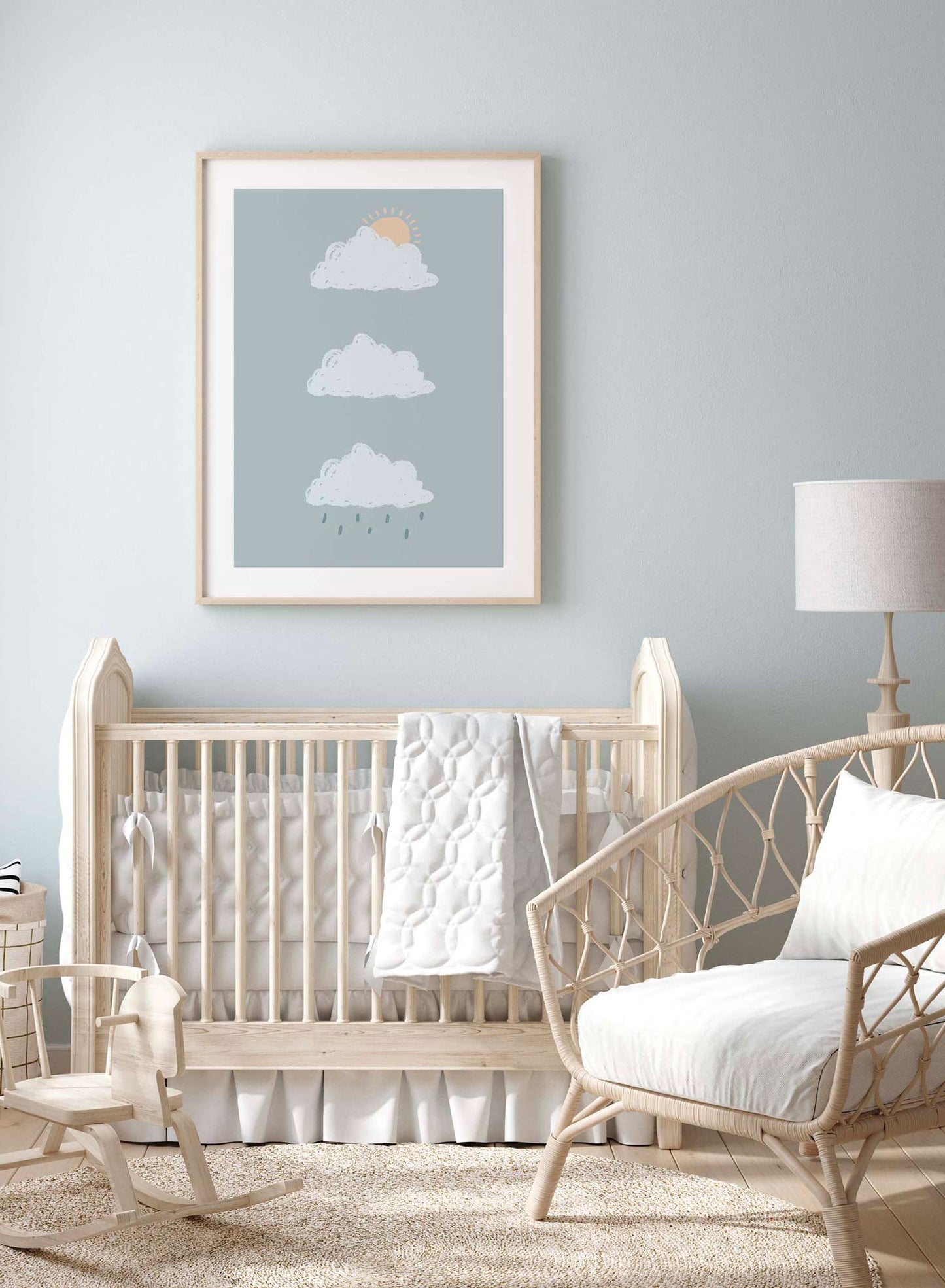 Moody Clouds is a minimalist illustration by Opposite Wall of three different cloud patterns: sunny, cloudy and rainy.