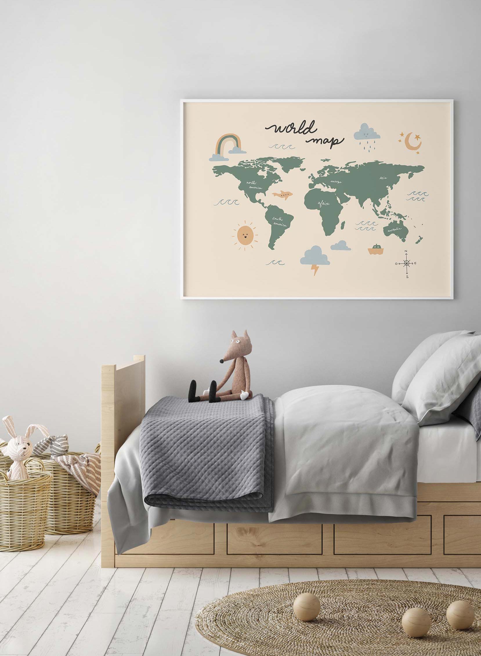 Globe Trotter is a minimalist illustration by Opposite Wall of a simpler world map depicting the five continents in French accompanied by different weather patterns.