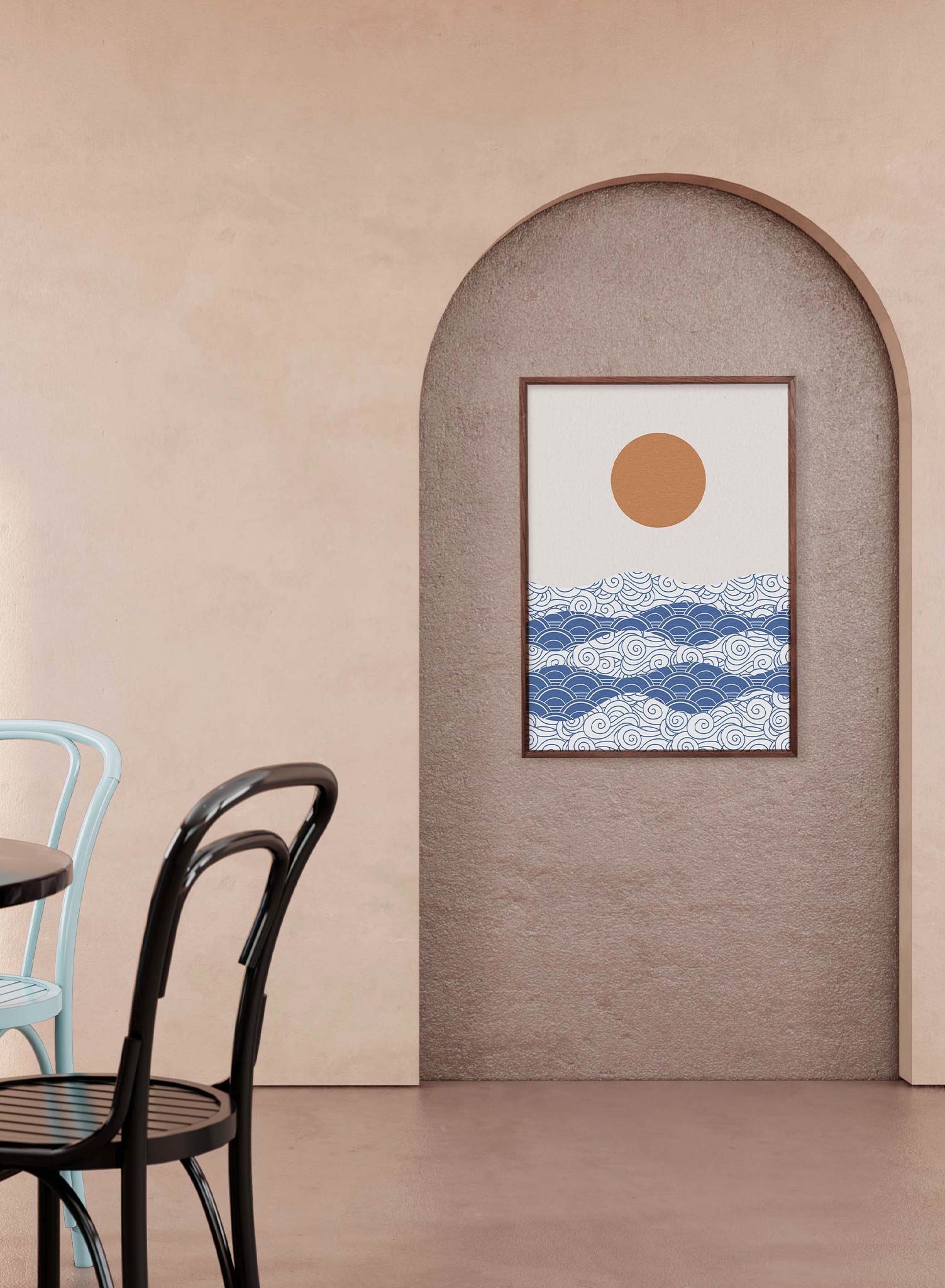 Land of the Rising Sun is a minimalist illustration by Opposite Wall of an orange sun and a blue sea drawn with circular patterns.